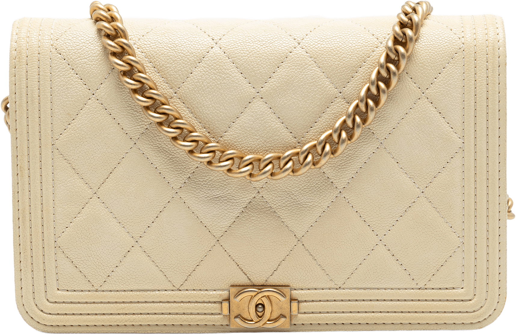 Chanel Quilted Caviar Boy Wallet On Chain, från Luxclusif, i färgen ivory.