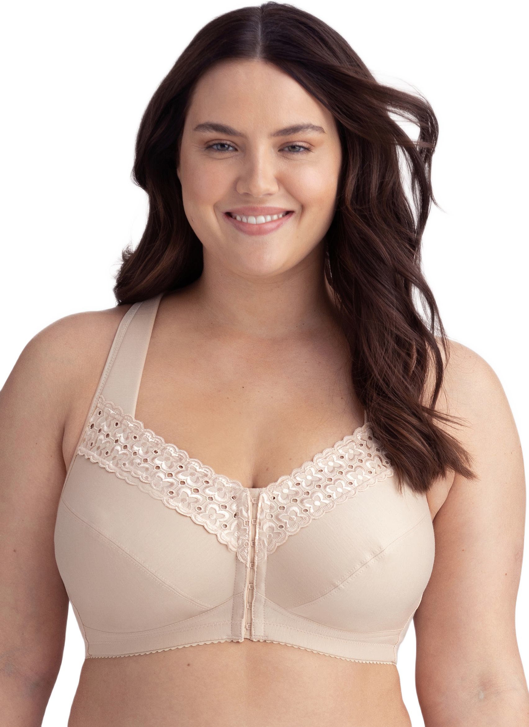 Broderie Anglaise Framknäppt Bh Utan Bygel, från Miss Mary of Sweden, i färgen beige.