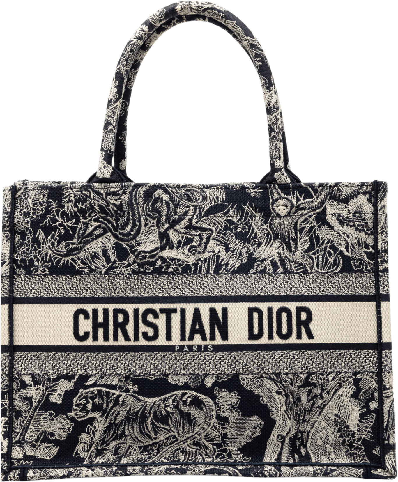 Dior Medium Canvas Embroidered Reverse Dioriviera Toile De Jouy Book Tote, från Luxclusif, i färgen navy.