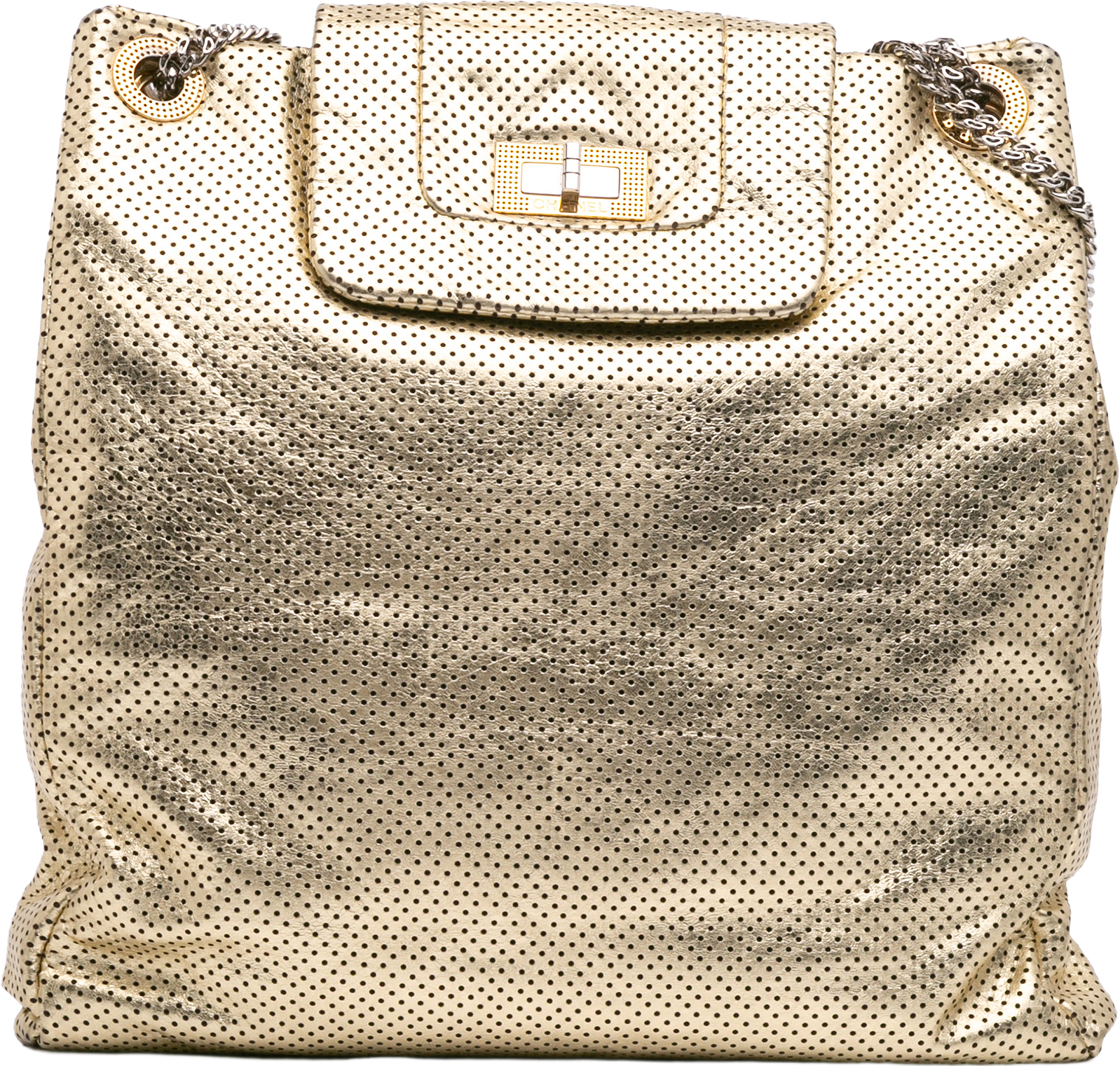 Chanel Perforated Crackled Metallic Calfskin Drill Tote, från Luxclusif, i färgen gold.
