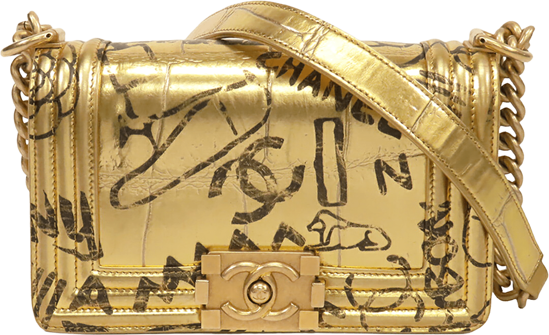 Chanel Small Croc Embossed Leather Graffiti Cocodile Boy Flap, från Luxclusif, i färgen gold.
