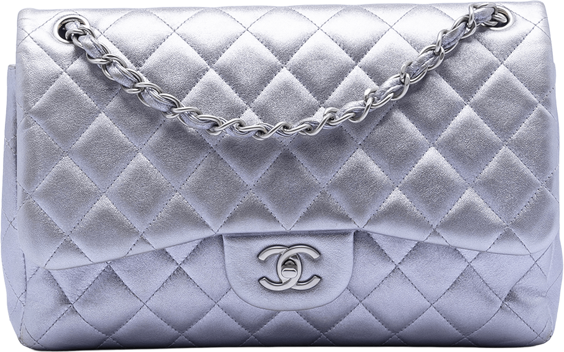 Chanel Jumbo Classic Metallic Lambskin Double Flap, från Luxclusif, i färgen light purple.