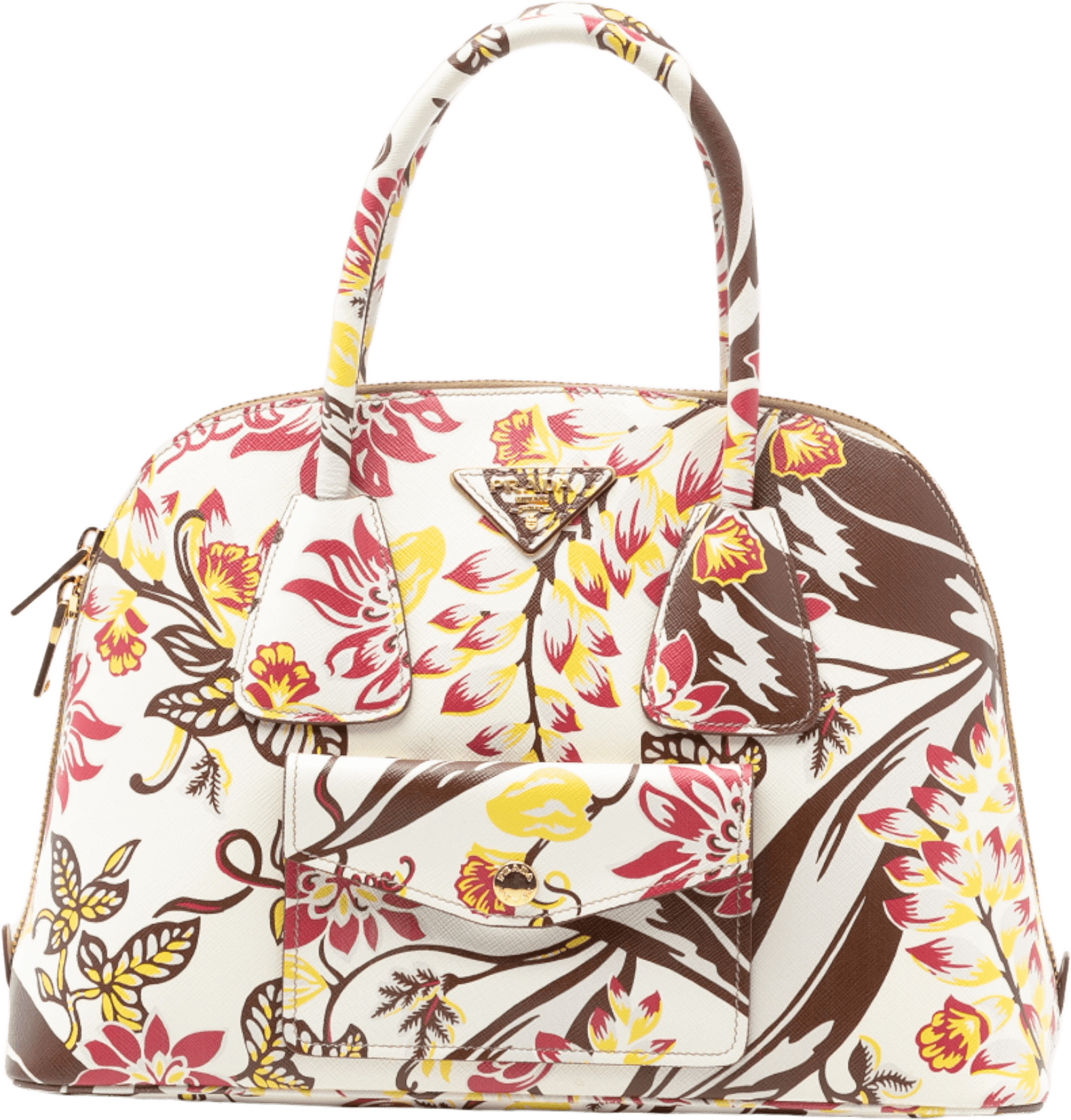 Prada Large Saffiano Lux Floral Print Promenade Front Pocket Satchel, från Luxclusif, i färgen white.