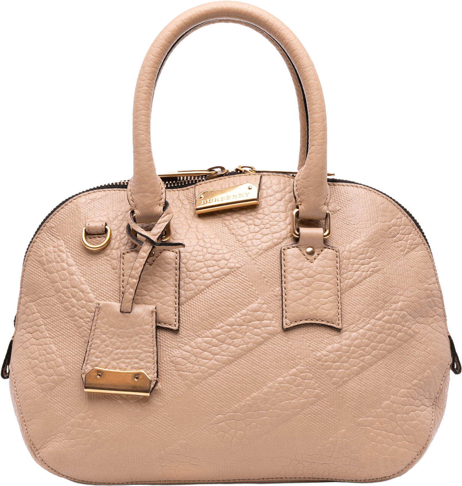 Burberry Medium Heritage Grain Check Embossed Orchard Bowling Bag, från Luxclusif, i färgen nude.