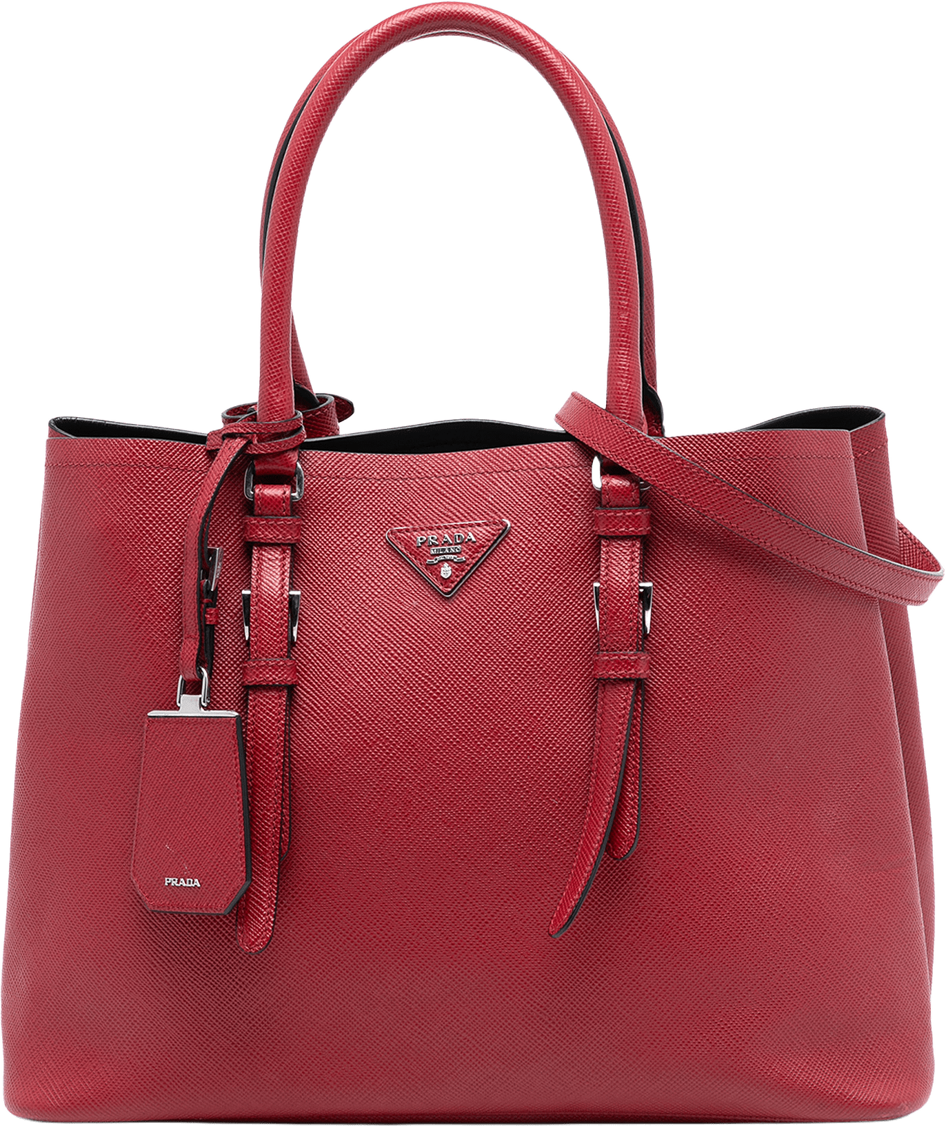 Prada Large Saffiano Cuir Double Satchel, från Luxclusif, i färgen red.