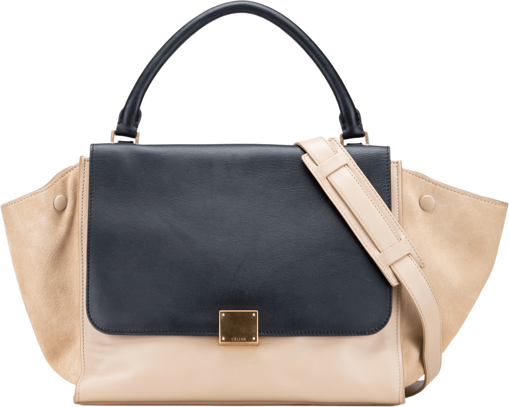 Celine Medium Bicolor Calfskin And Suede Trapeze Satchel, från Luxclusif, i färgen beige.