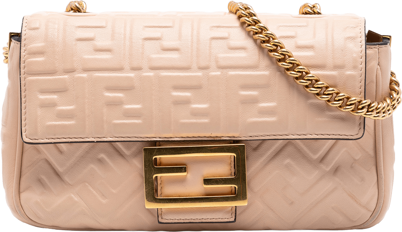 Fendi Zucca Embossed Leather Chain Midi Baguette, från Luxclusif, i färgen light pink.