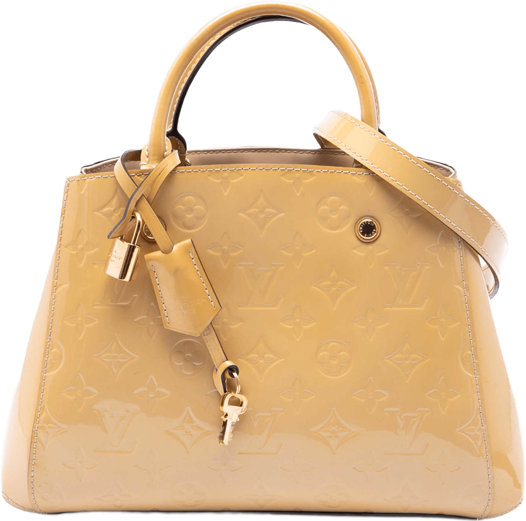 Louis Vuitton Monogram Vernis Montaigne Bb, från Luxclusif, i färgen beige.