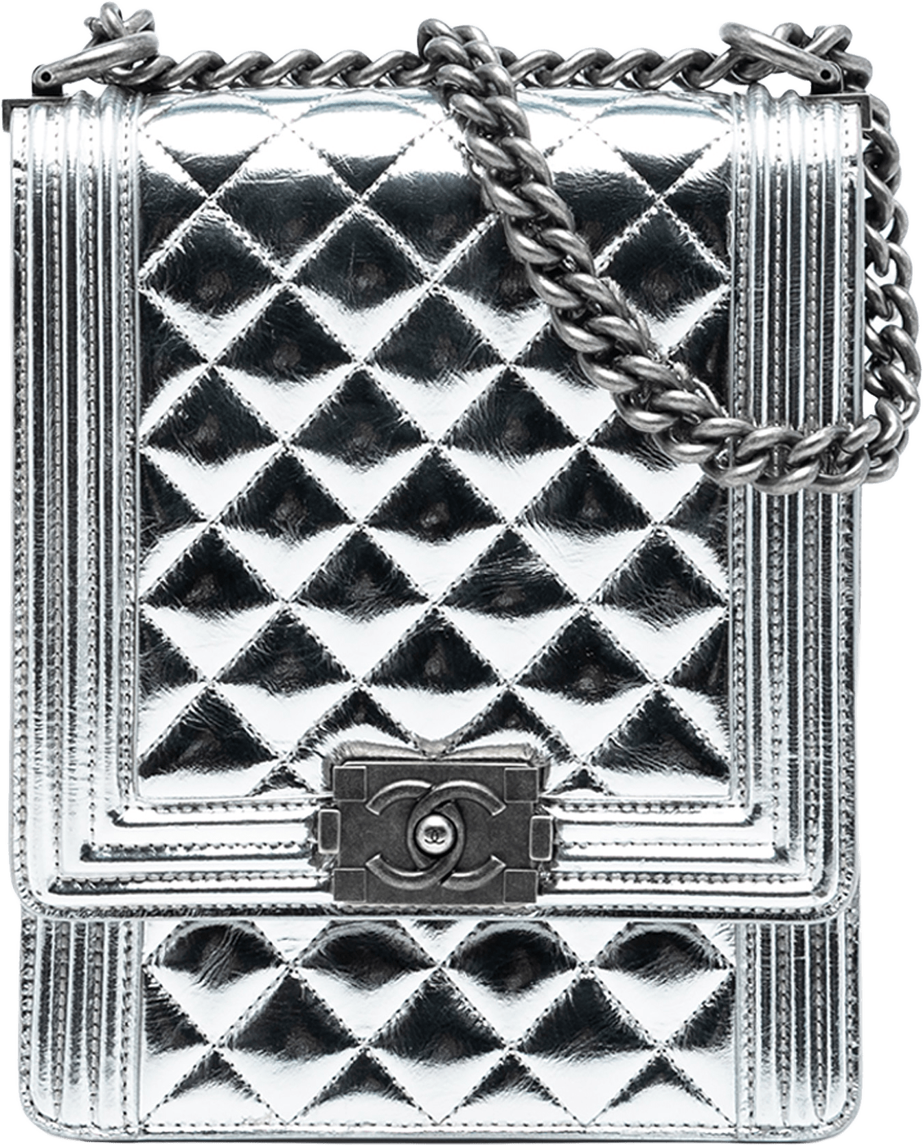 Chanel Quilted Metallic Calfskin North South Boy Flap, från Luxclusif, i färgen silver.