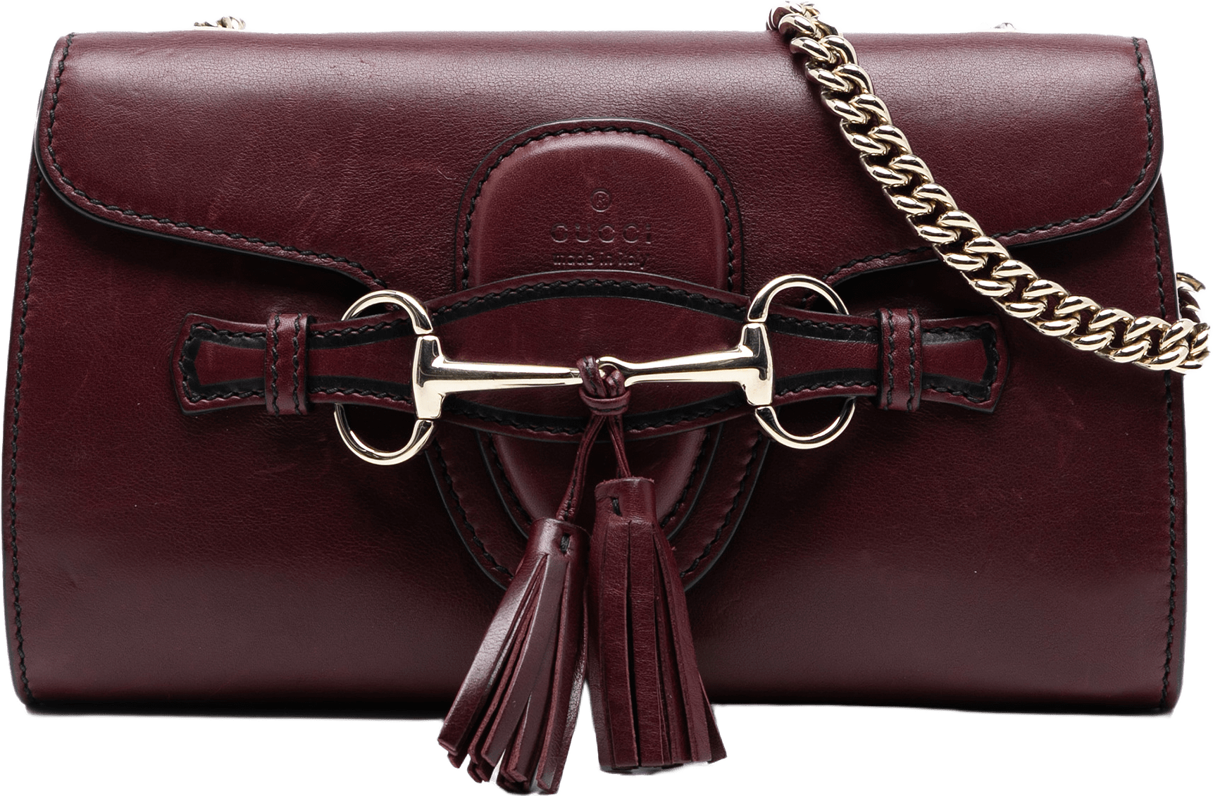 Gucci Small Leather Emily Crossbody, från Luxclusif, i färgen burgundy.