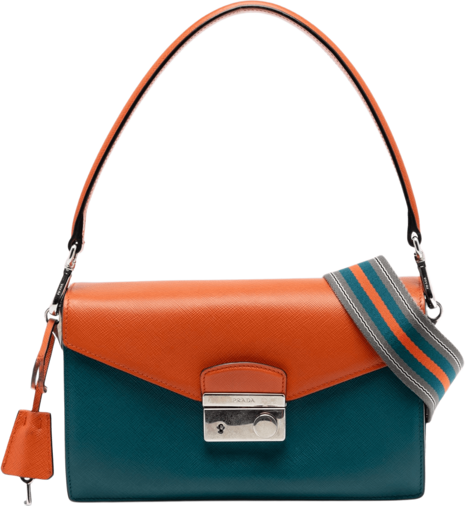 Prada Bicolor Saffiano Lux Sound Lock Satchel, från Luxclusif, i färgen blå.