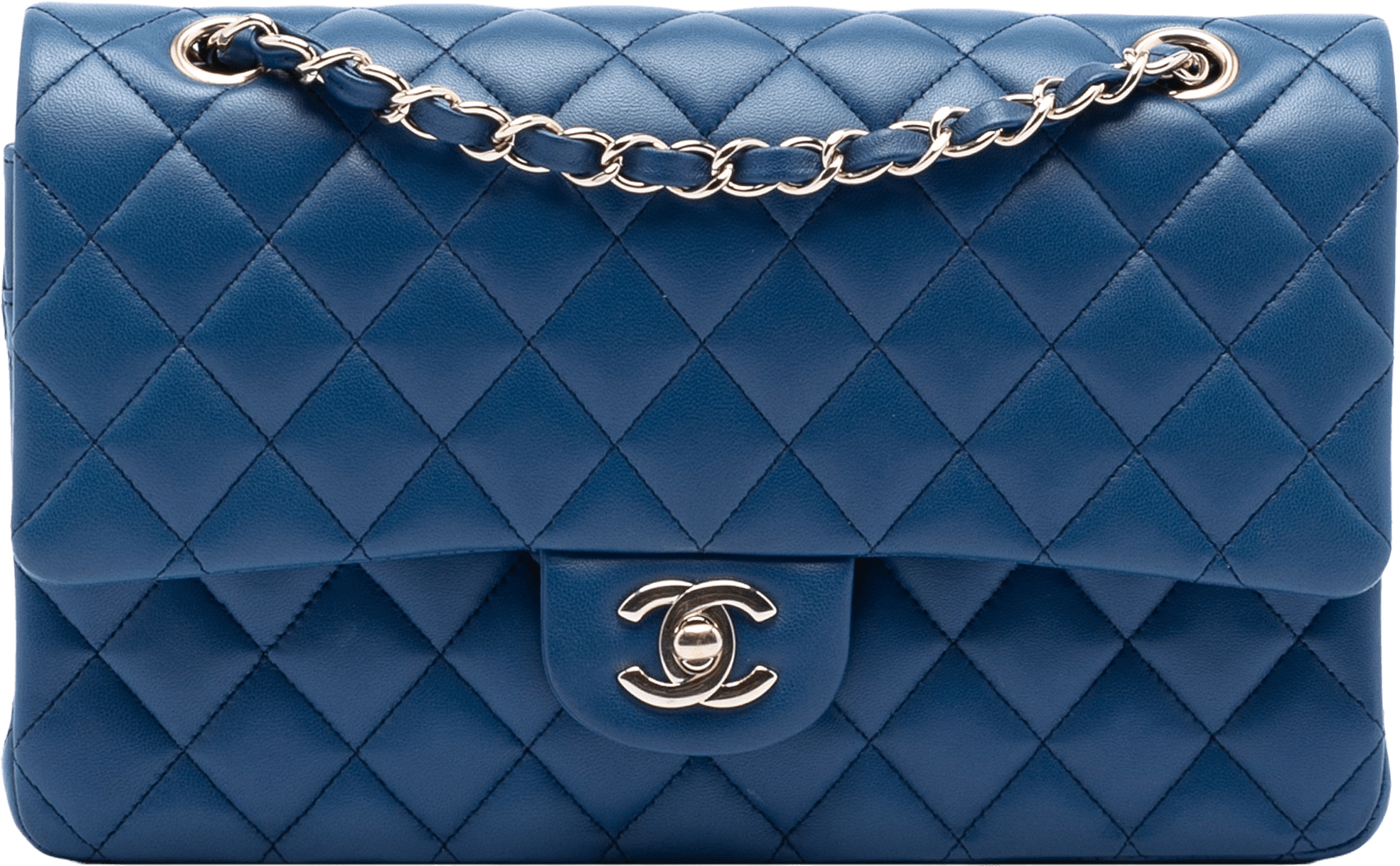 Chanel Medium Classic Lambskin Double Flap, från Luxclusif, i färgen blue.