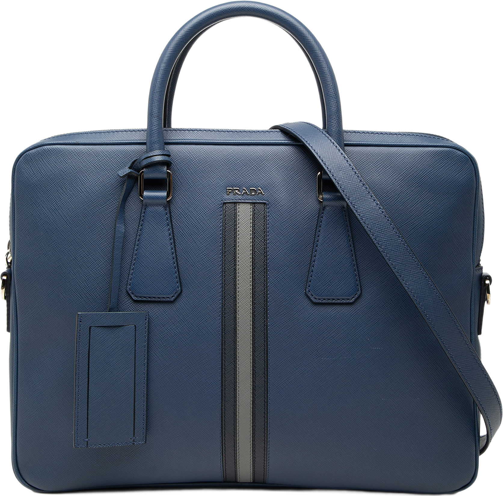 Prada Saffiano Striped Business Bag, från Luxclusif, i färgen dark blue.