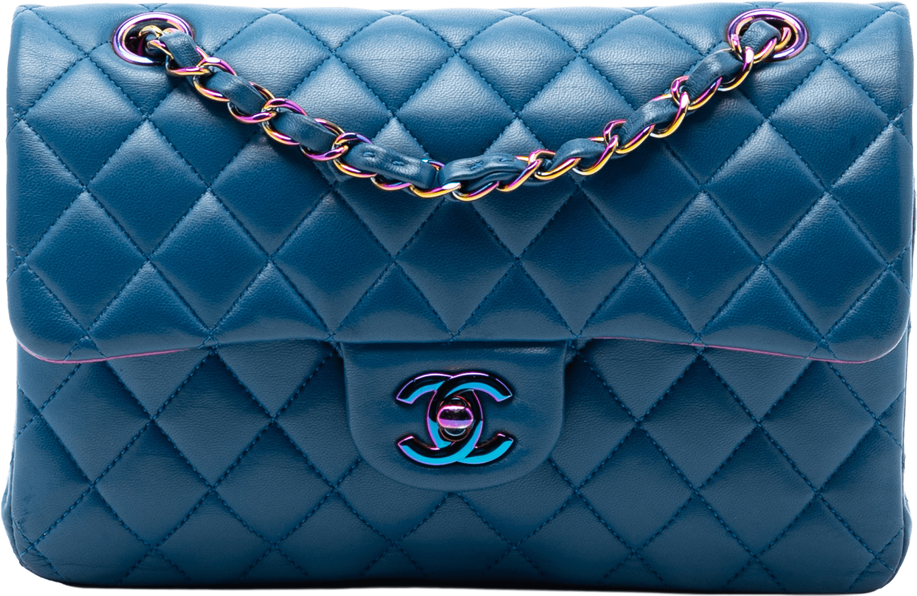 Chanel Small Classic Lambskin Rainbow Hardware Double Flap, från Luxclusif, i färgen blue.