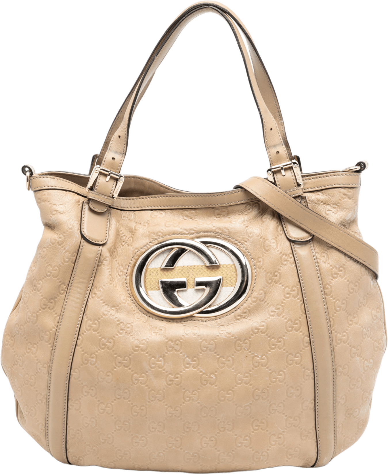Gucci Medium Guccissima Web Britt Satchel, från Luxclusif, i färgen beige.
