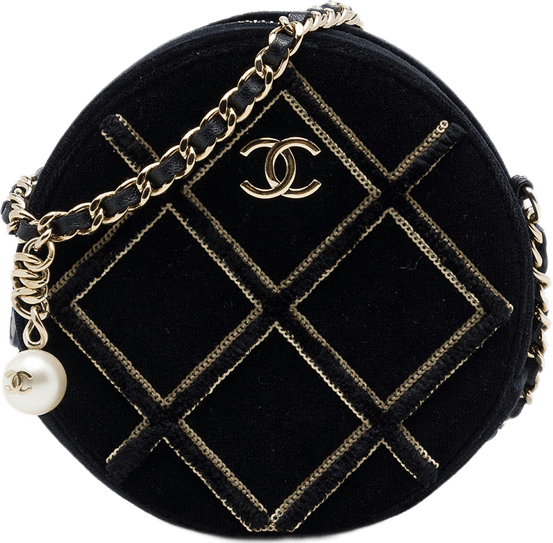 Chanel Velvet Pearl Sequin Round Crossbody, från Luxclusif, i färgen svart.