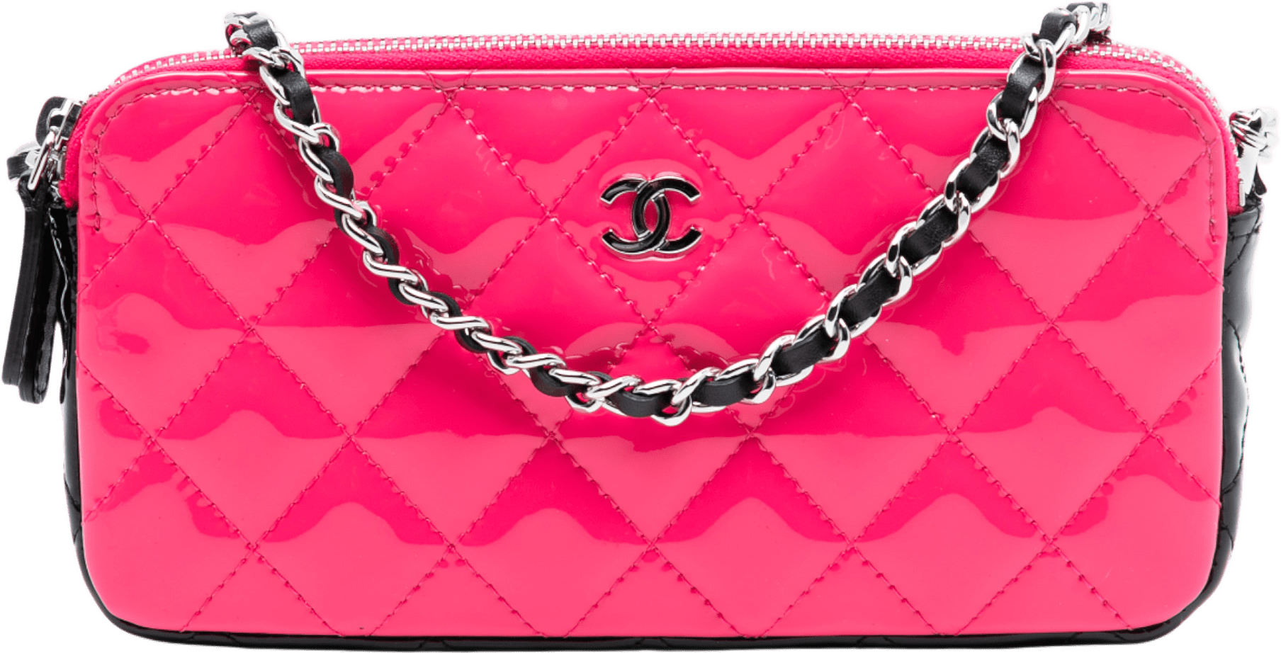Chanel Bicolor Patent Double Zip Wallet On Chain, från Luxclusif, i färgen hot pink.