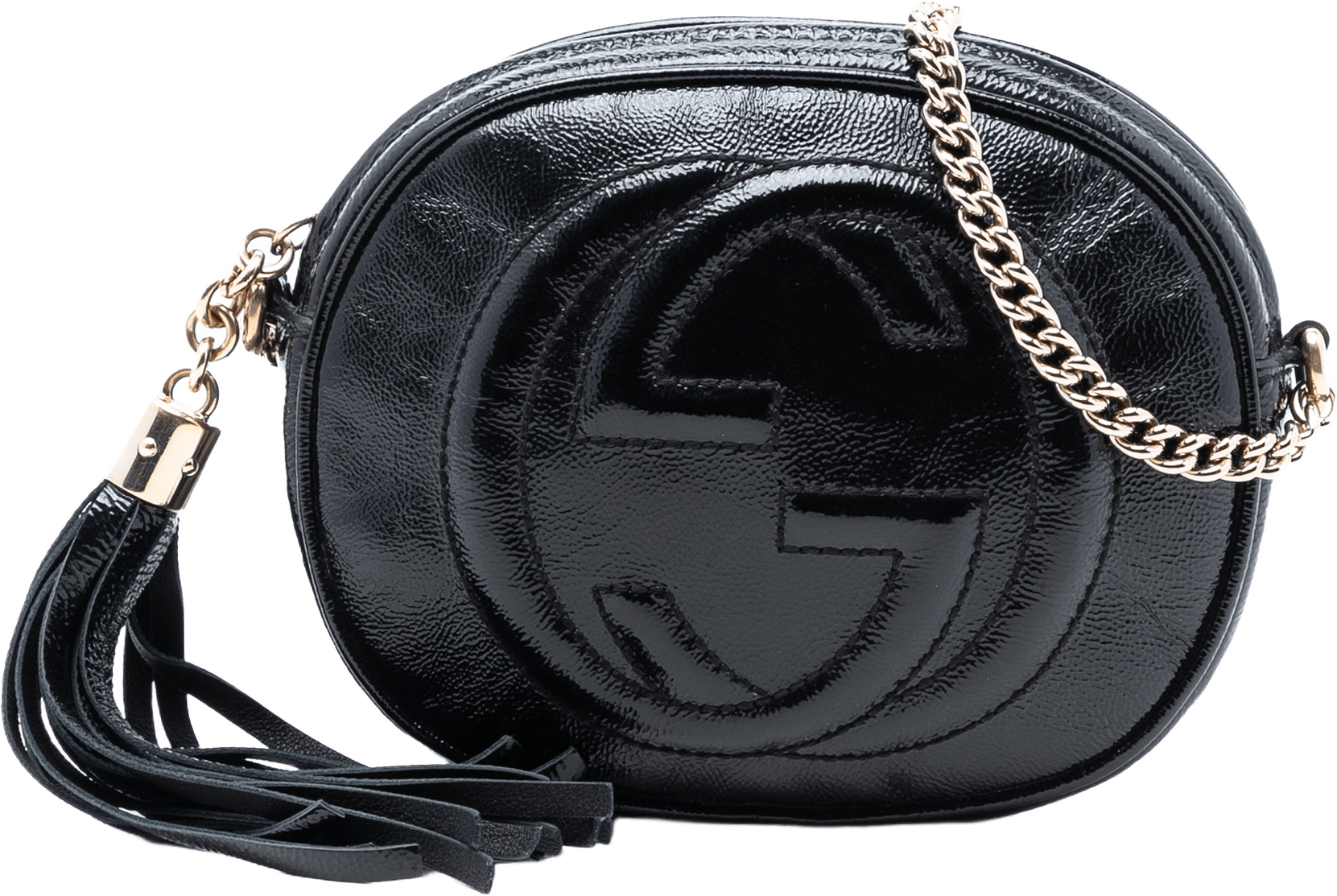Gucci Mini Patent Soho Chain Bag, från Luxclusif, i färgen black.