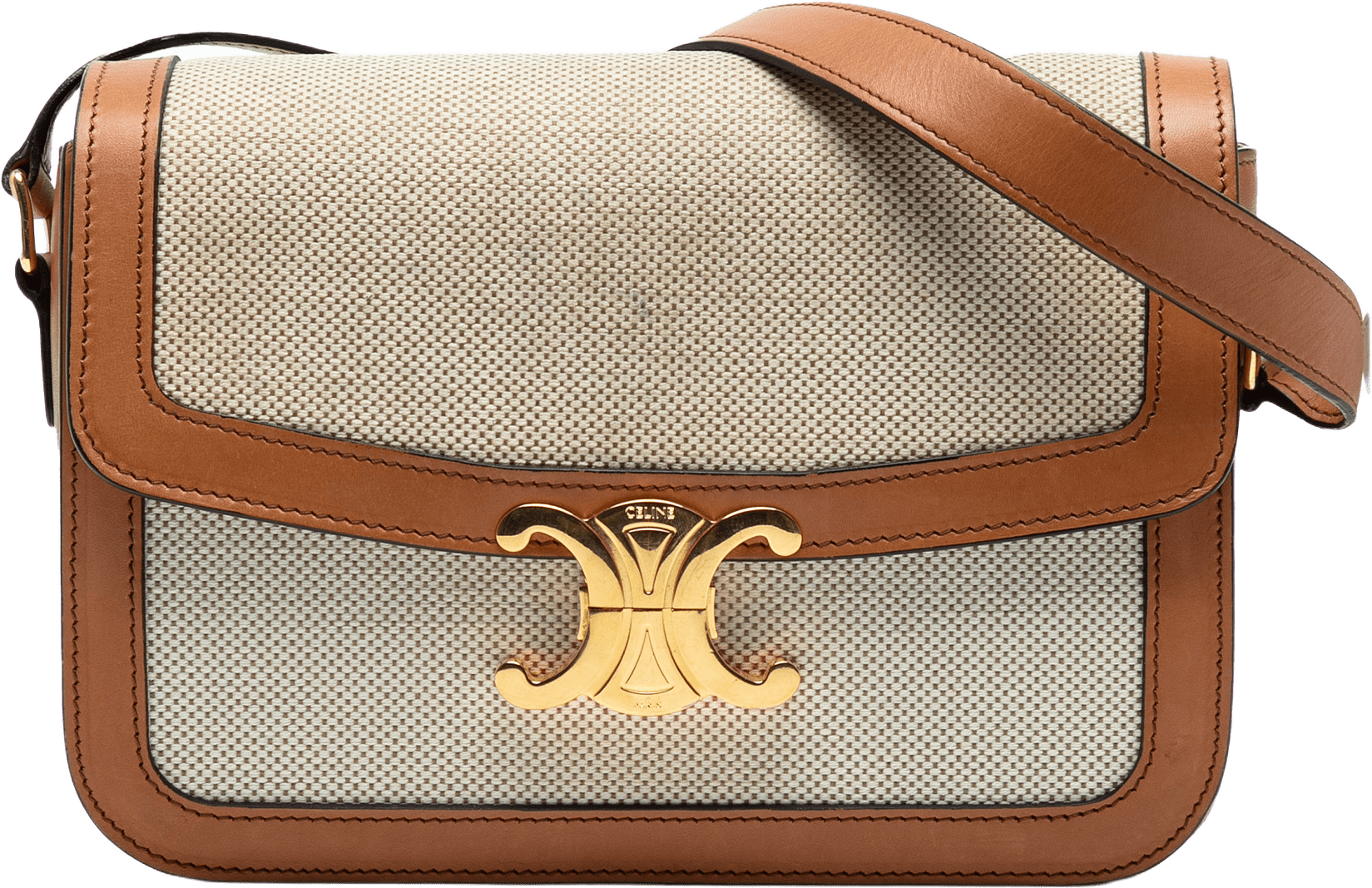Celine Classique Canvas And Calfskin Triomphe Crossbody, från Luxclusif, i färgen beige.