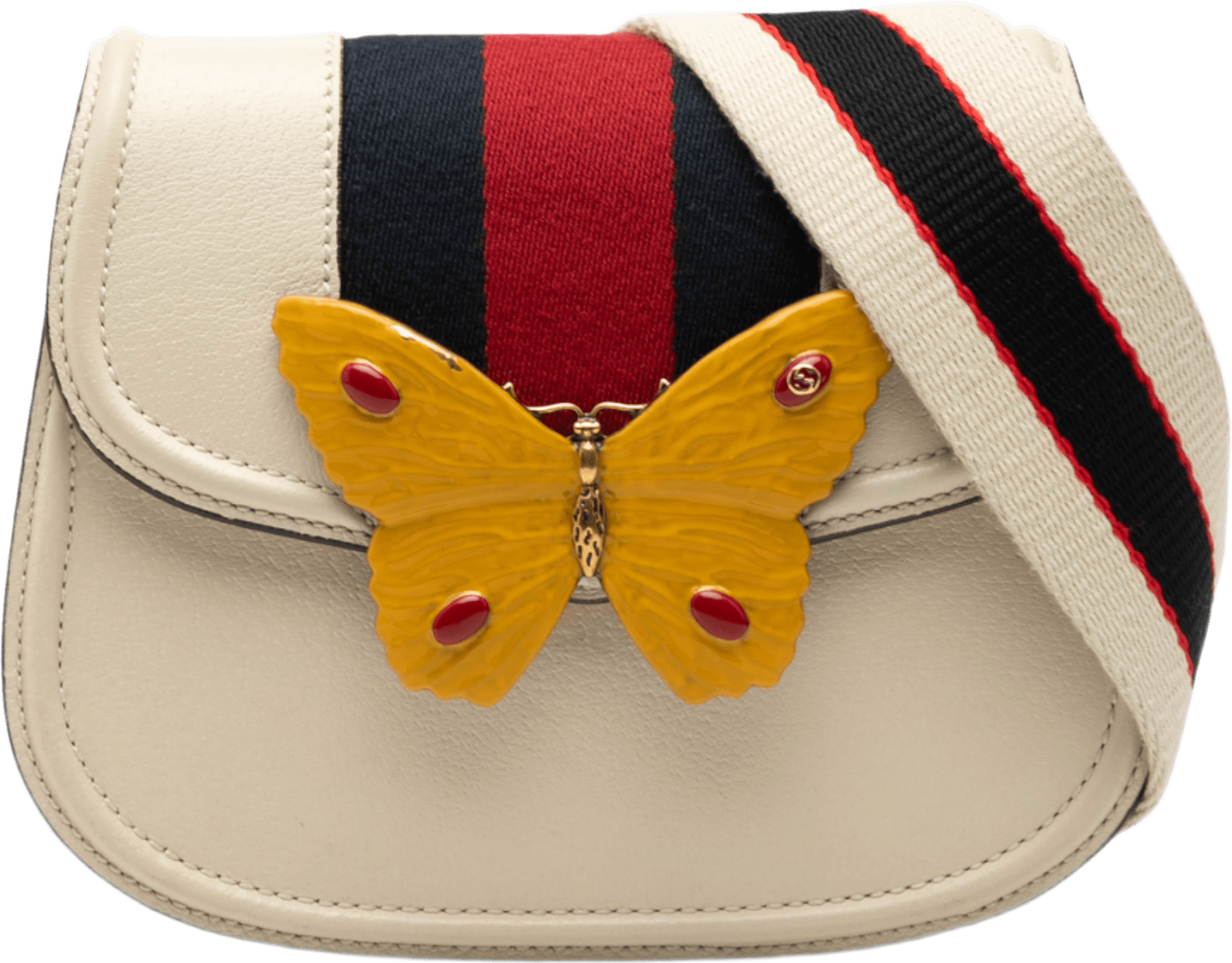Gucci Small Calfskin Web Linea Butterfly Totem Crossbody, från Luxclusif, i färgen ivory.