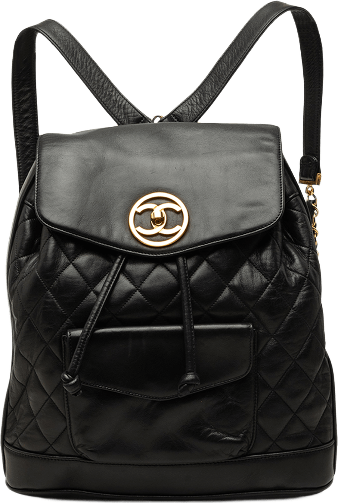 Chanel Large Cc Quilted Lambskin Drawstring Backpack, från Luxclusif, i färgen svart.