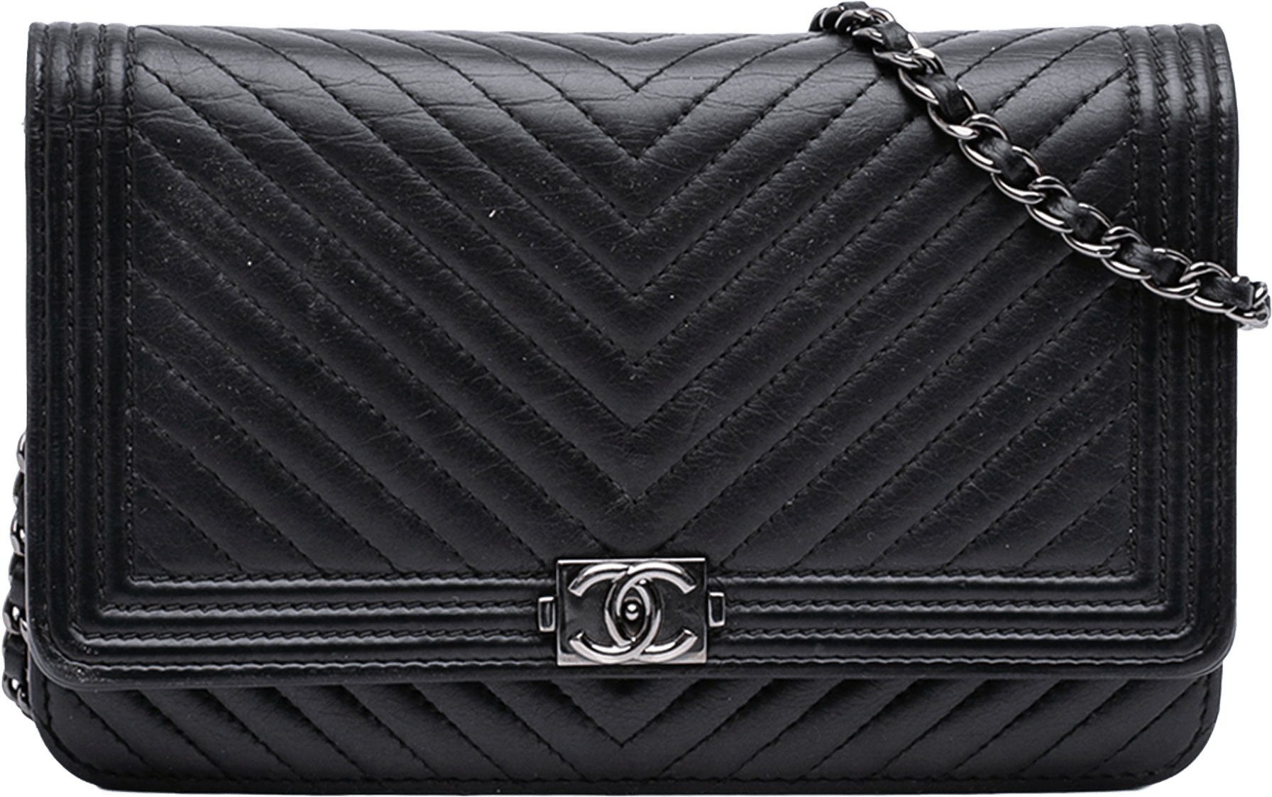 Chanel Chevron Lambskin Boy Wallet On Chain, från Luxclusif, i färgen black.