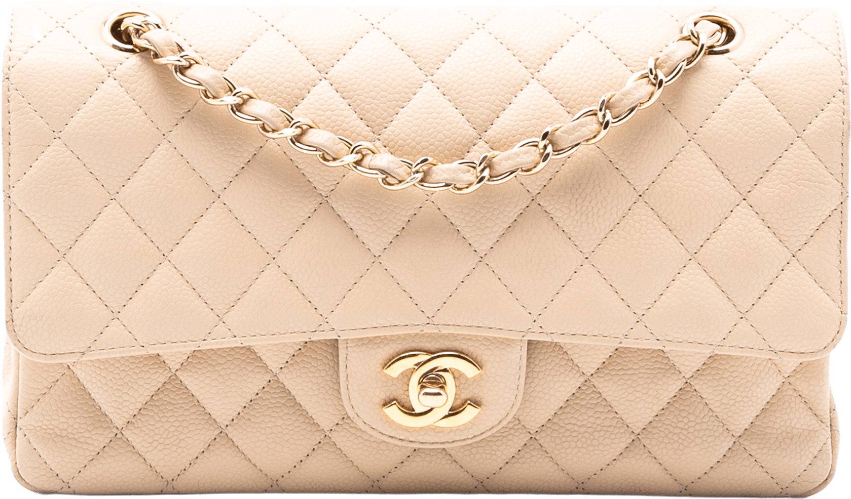 Chanel Medium Classic Caviar Double Flap, från Luxclusif, i färgen beige.
