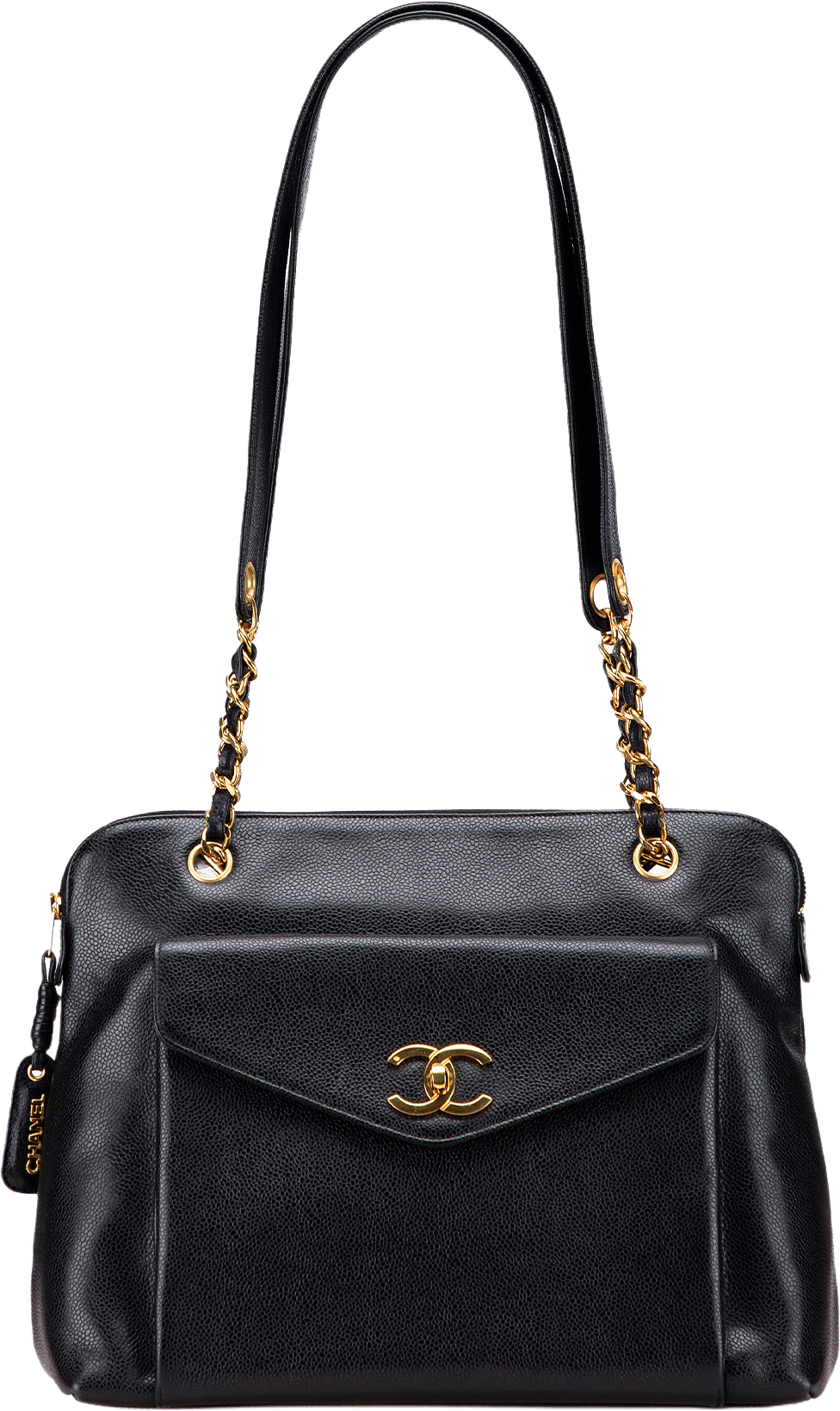 Chanel Caviar Front Pocket Chain Tote, från Luxclusif, i färgen black.
