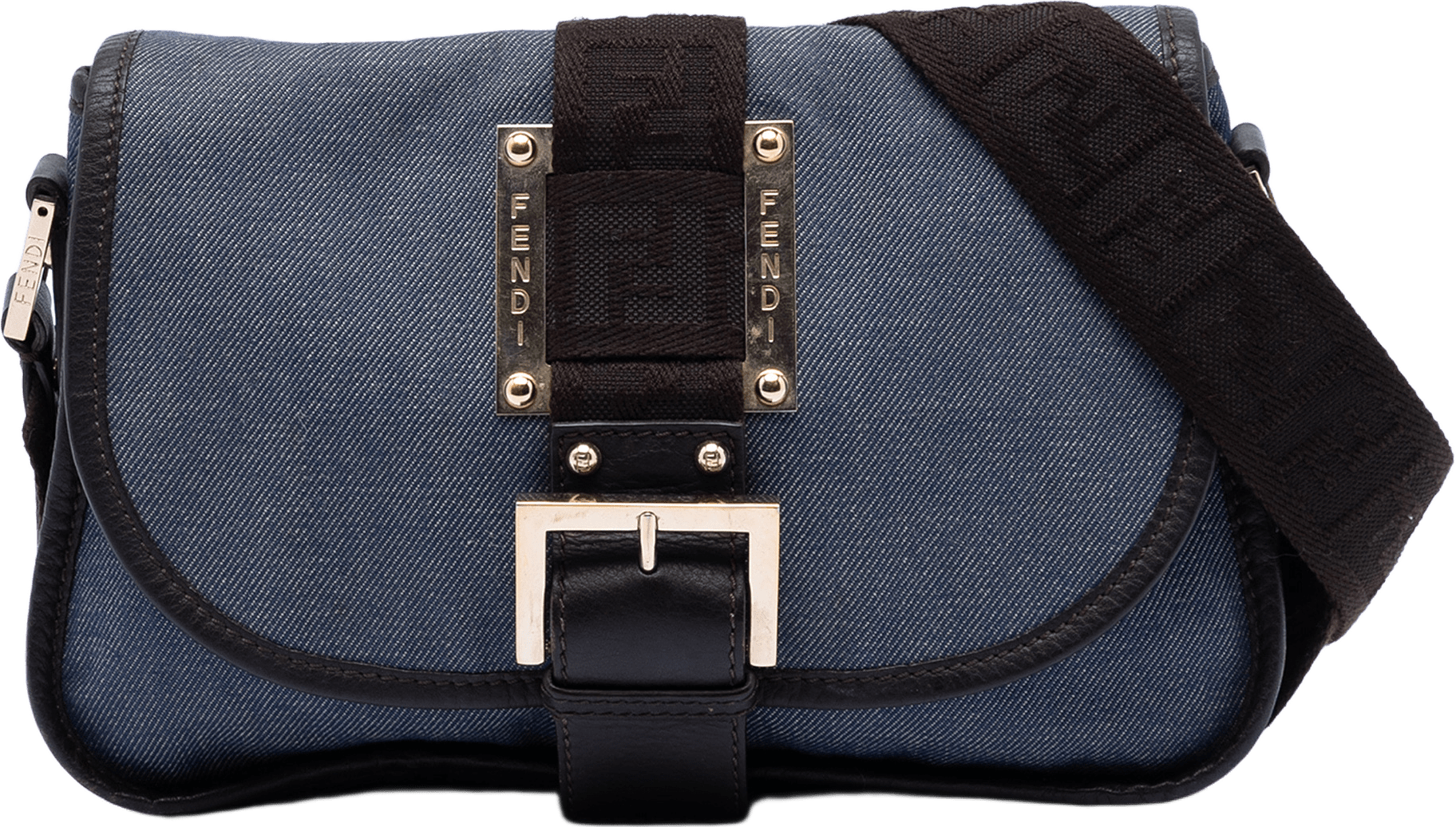 Fendi Zucca Trimmed Denim Buckle Flap, från Luxclusif, i färgen denim.