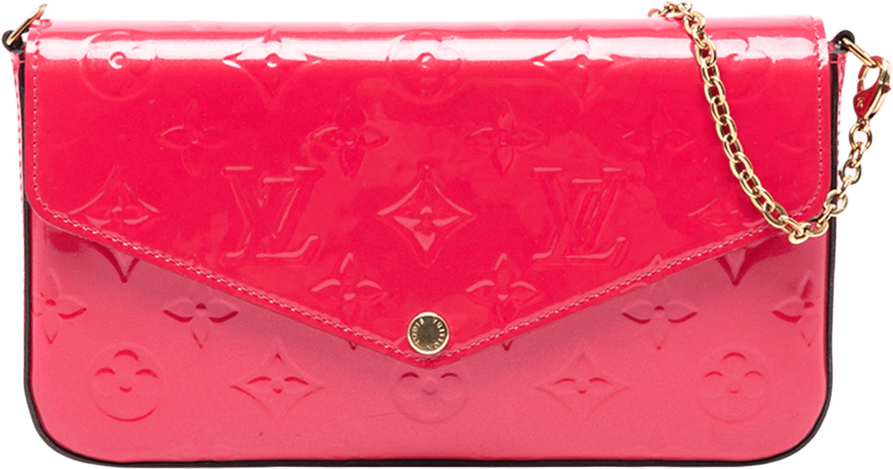 Louis Vuitton Monogram Vernis Pochette Felicie, från Luxclusif, i färgen hot pink.