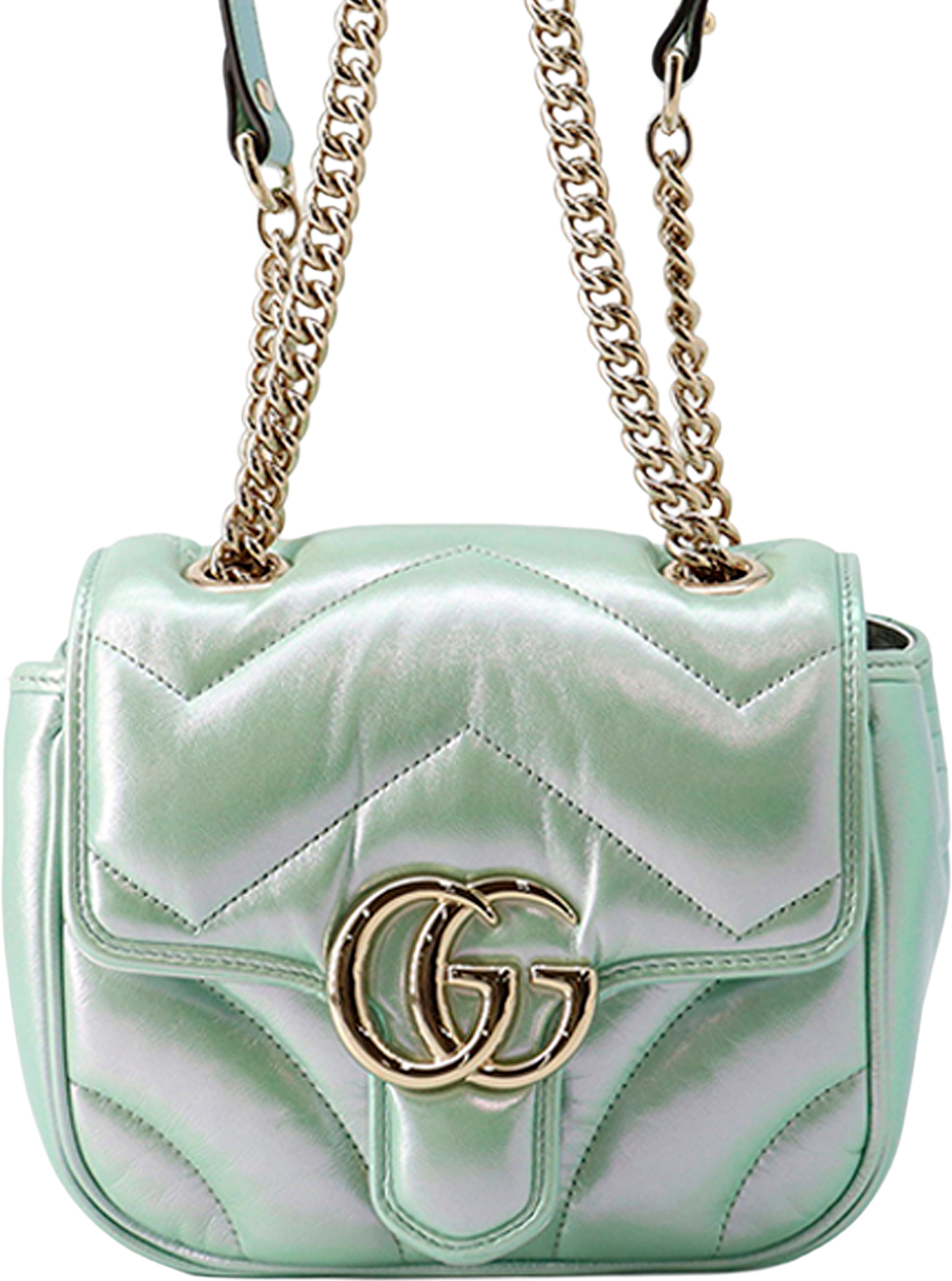 Gucci Mini Gg Marmont Matelasse Iridescent Calfskin Flap Crossbody, från Luxclusif, i färgen light green.
