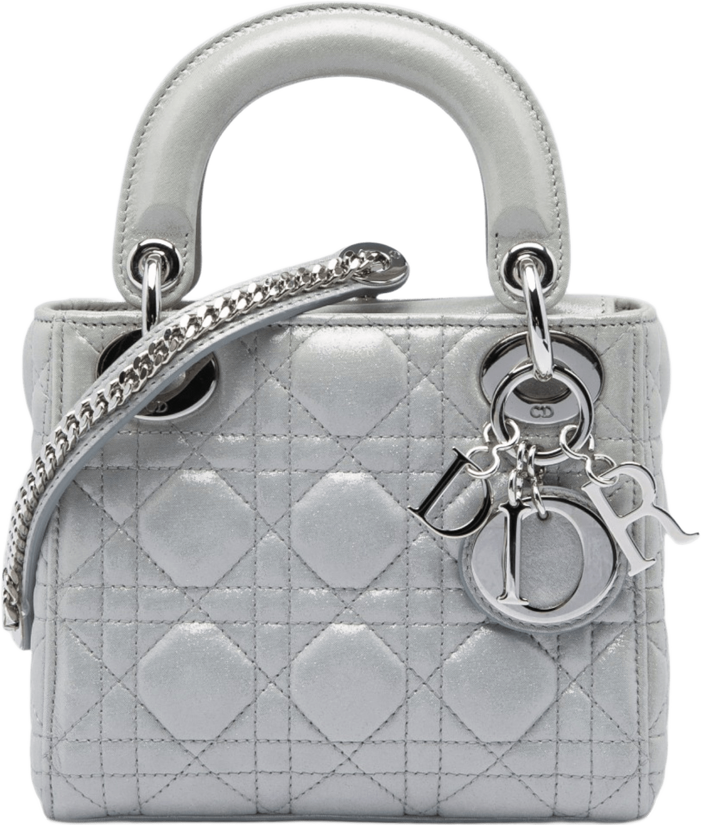 Dior Mini Iridescent Lambskin Cannage Lady Dior, från Luxclusif, i färgen silver.