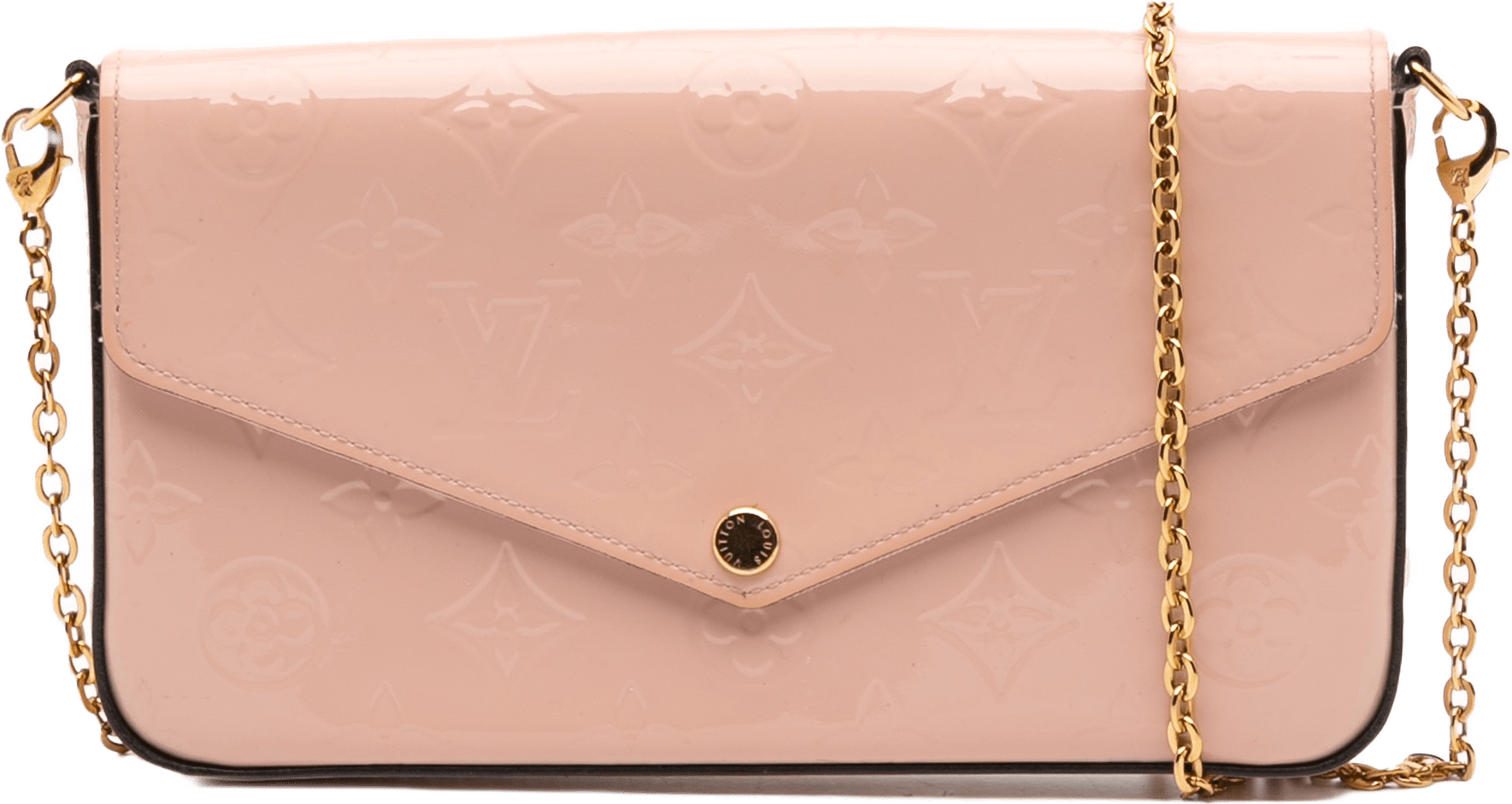Louis Vuitton Monogram Vernis Pochette Felicie, från Luxclusif, i färgen light pink.