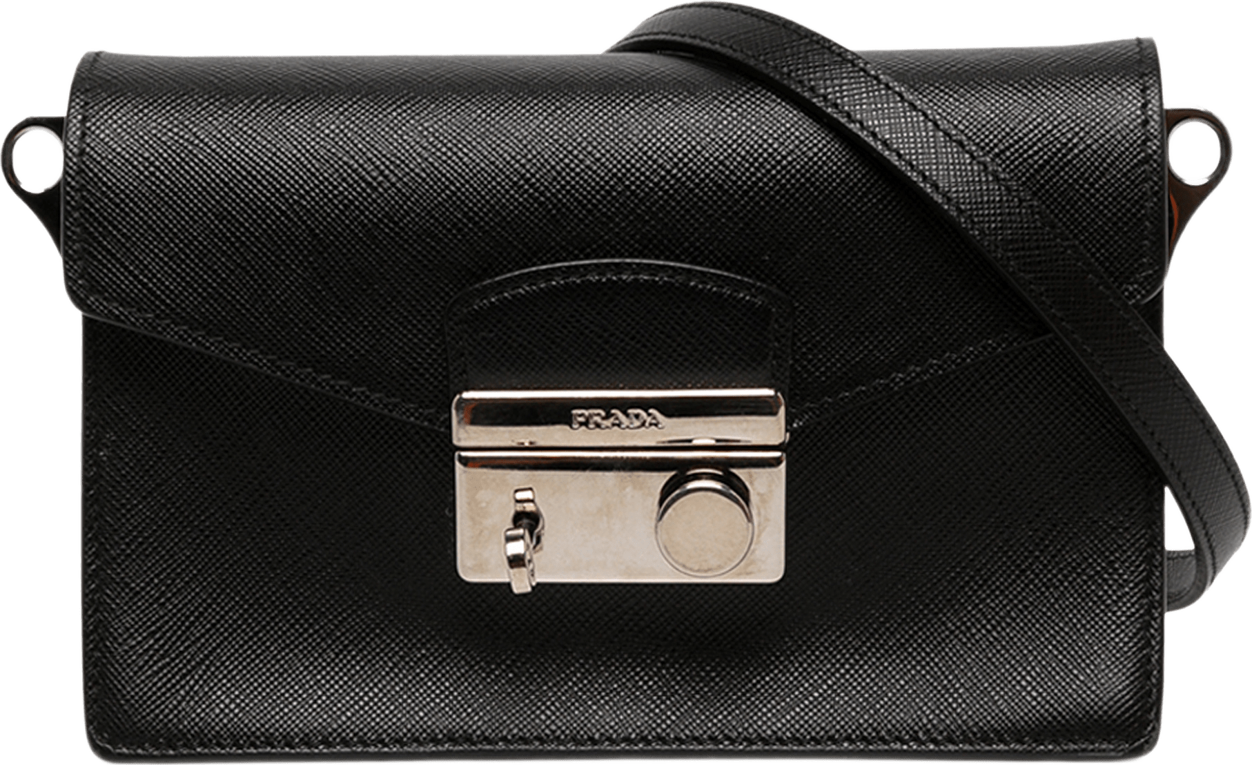Prada Saffiano Lux Sound Lock Crossbody, från Luxclusif, i färgen svart.