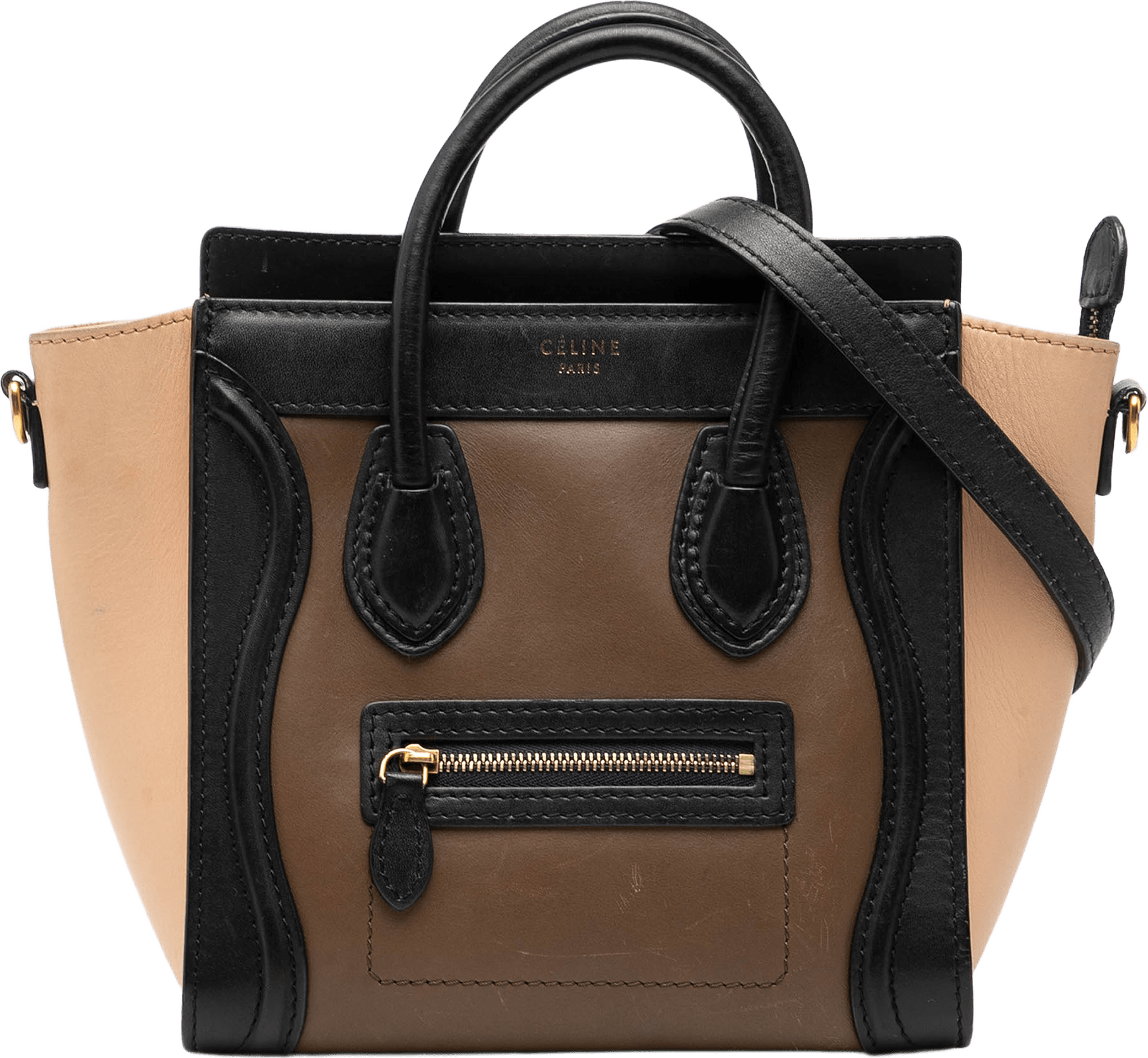 Celine Nano Tricolor Leather Luggage Tote, från Luxclusif, i färgen brown.