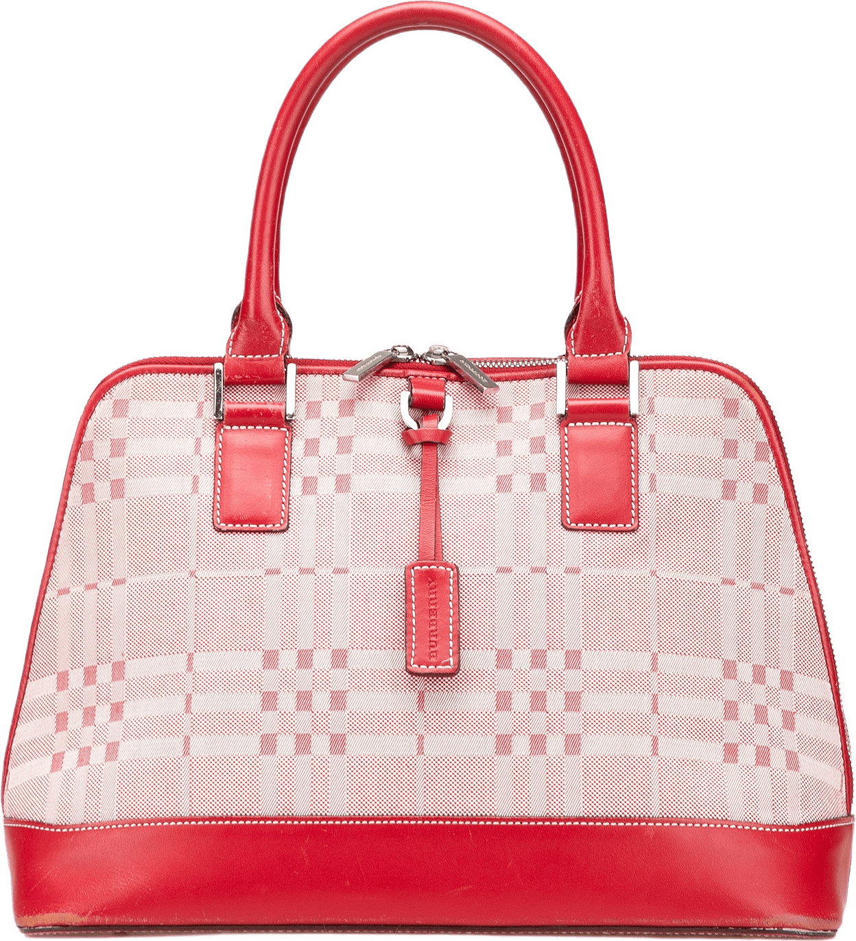 Burberry Leather Trimmed Tonal Check Canvas Dome Handbag, från Luxclusif, i färgen red.