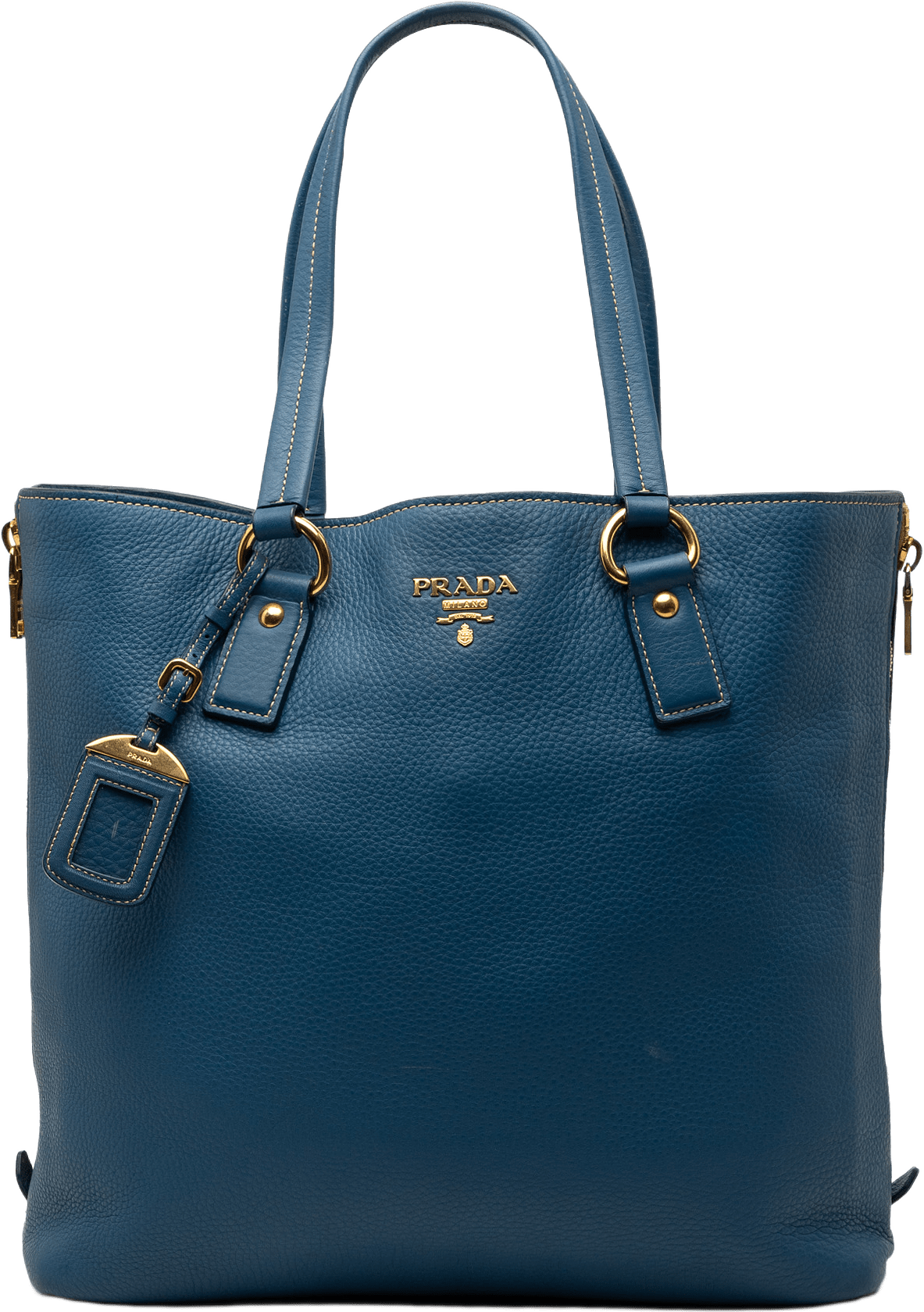 Prada Vitello Daino Side Zip Shopper Tote, från Luxclusif, i färgen blue.