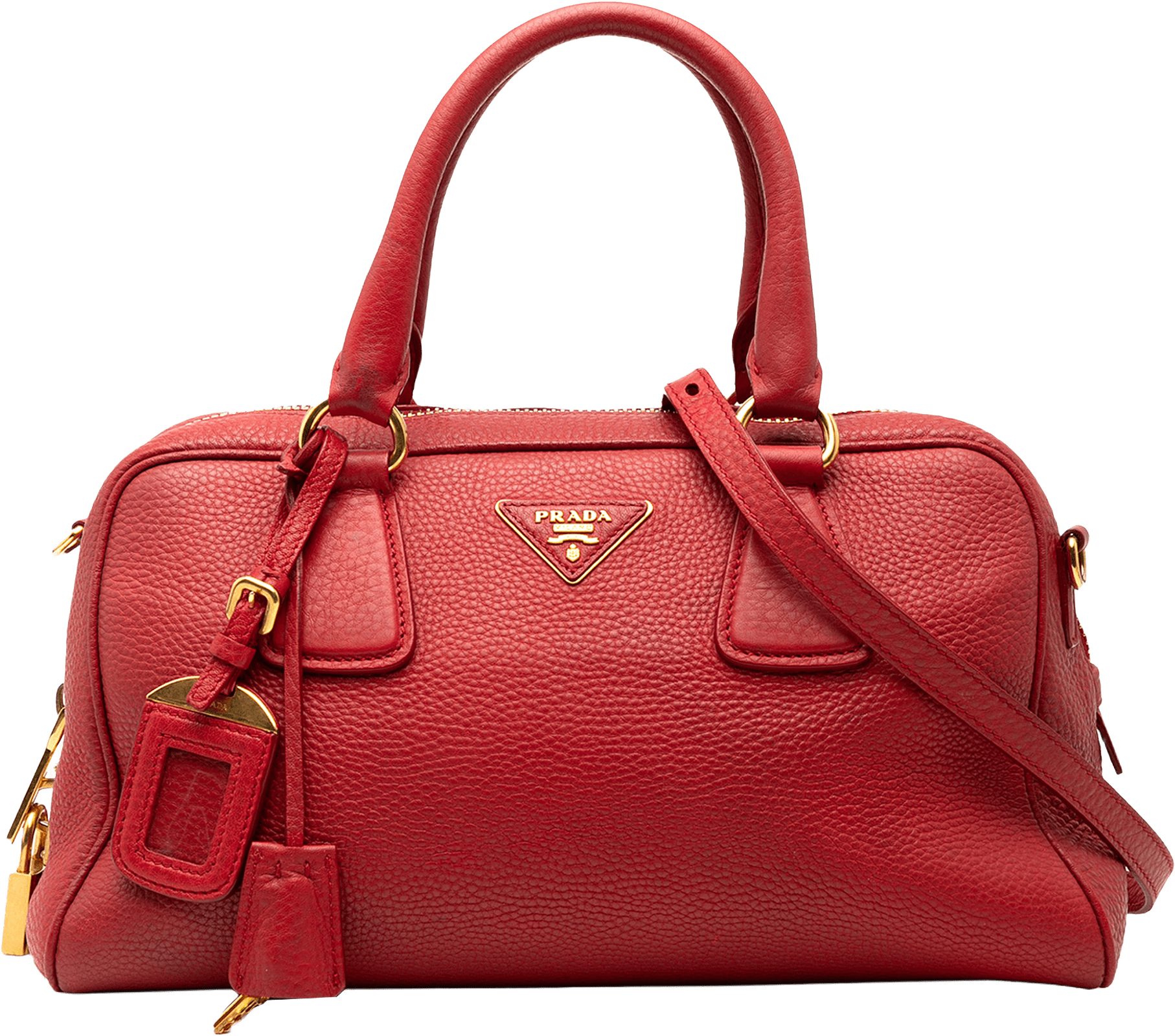 Prada Vitello Daino Bauletto Bag, från Luxclusif, i färgen red.
