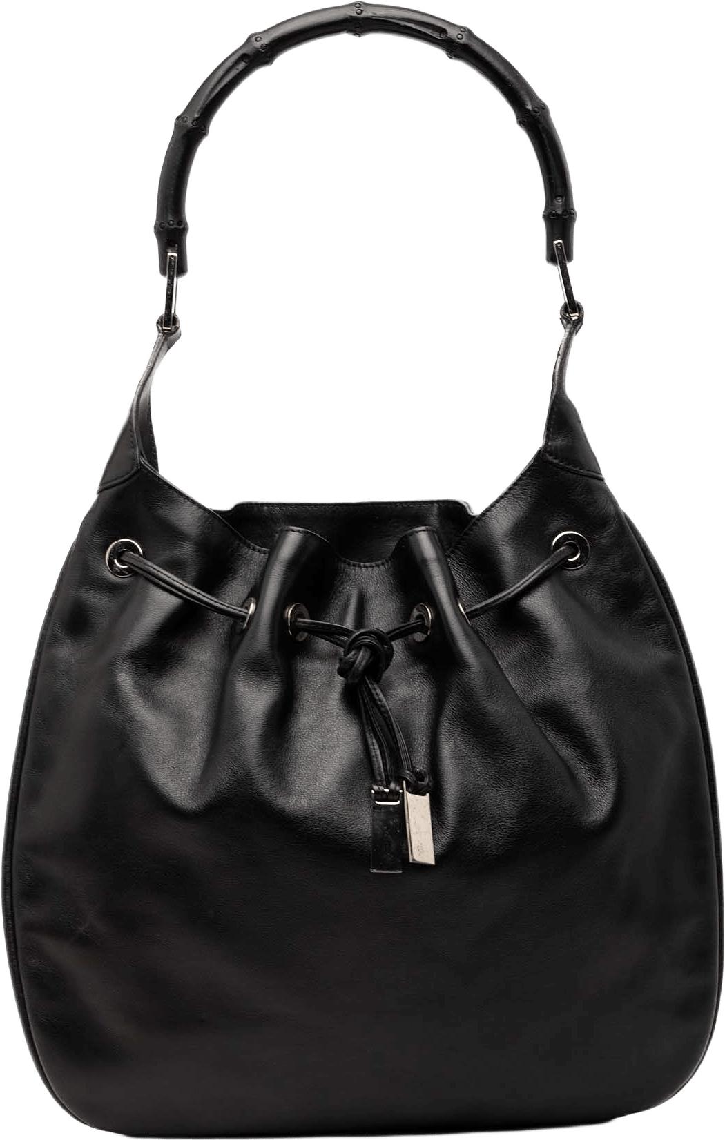 Gucci Calfskin Bamboo Drawstring Hobo Bag, från Luxclusif, i färgen black.