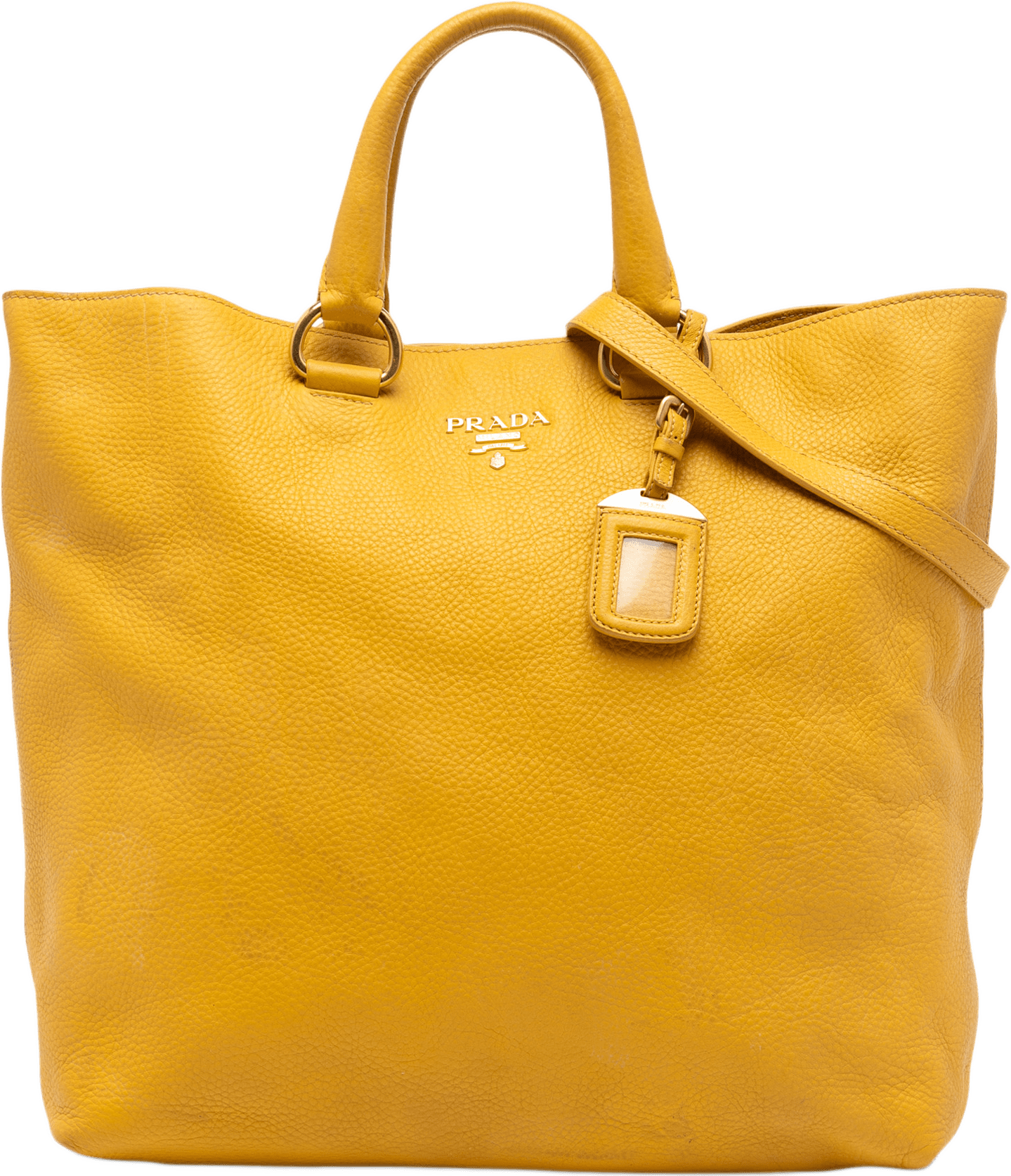 Prada Vitello Daino Open Convertible Tote, från Luxclusif, i färgen mustard.