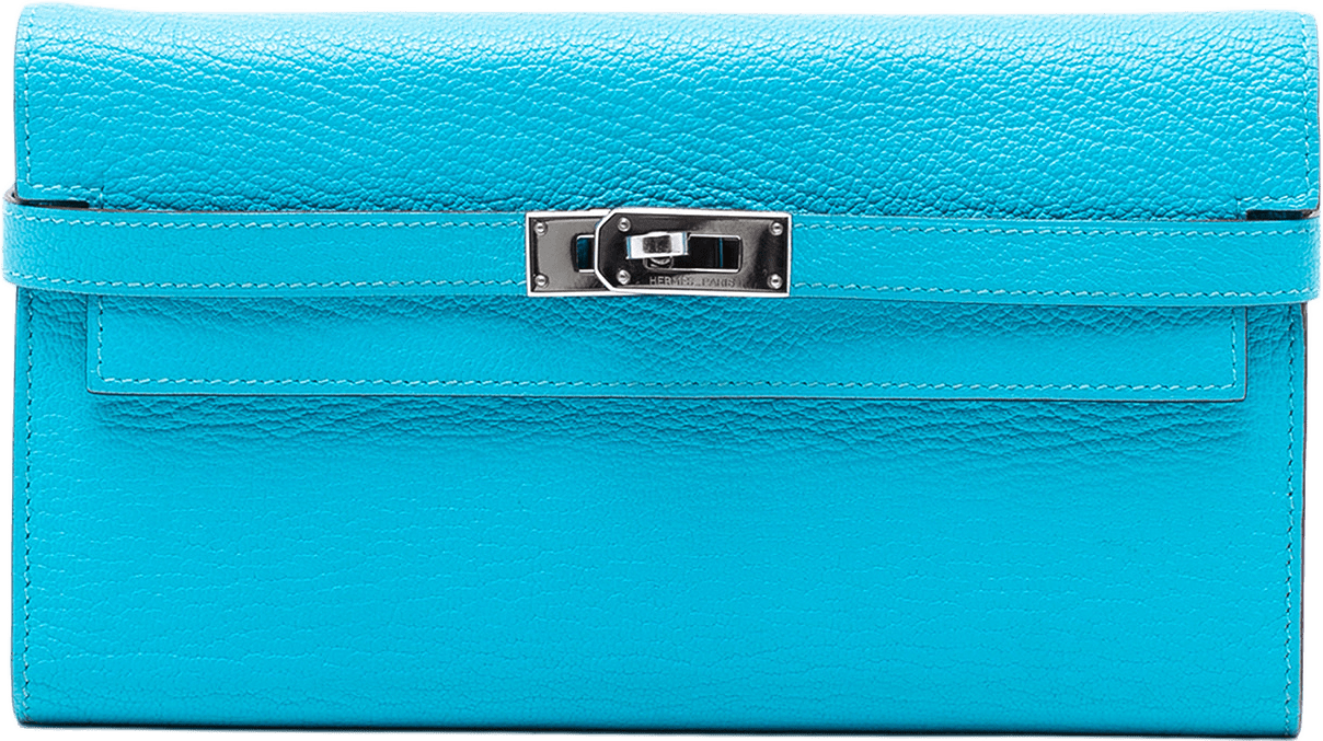 Hermès Chevre Mysore Kelly Longue Wallet, från Luxclusif, i färgen aqua.