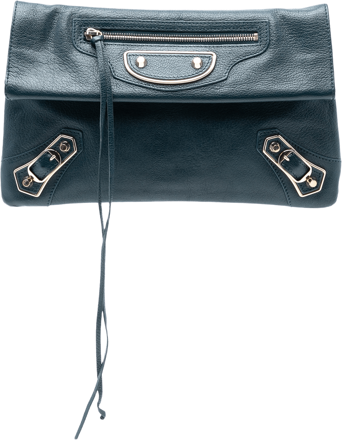 Balenciaga Chevre Motocross Classic Metallic Edge Envelope Clutch, från Luxclusif, i färgen peacock.