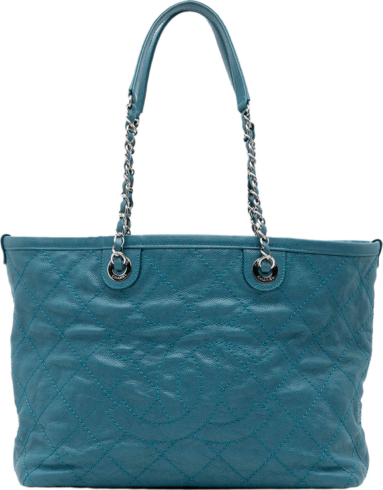 Chanel Small Quilted Caviar Daily Shopping Tote, från Luxclusif, i färgen turquoise.