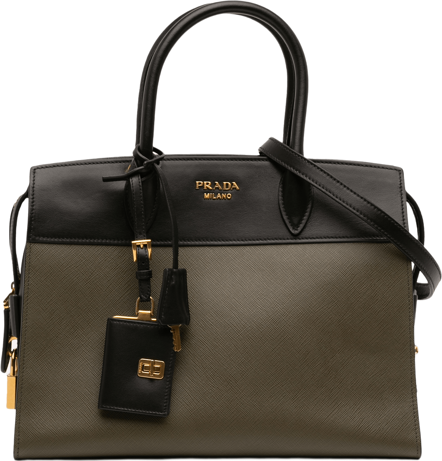 Prada Saffiano And City Calf Esplanade Satchel, från Luxclusif, i färgen olive green.