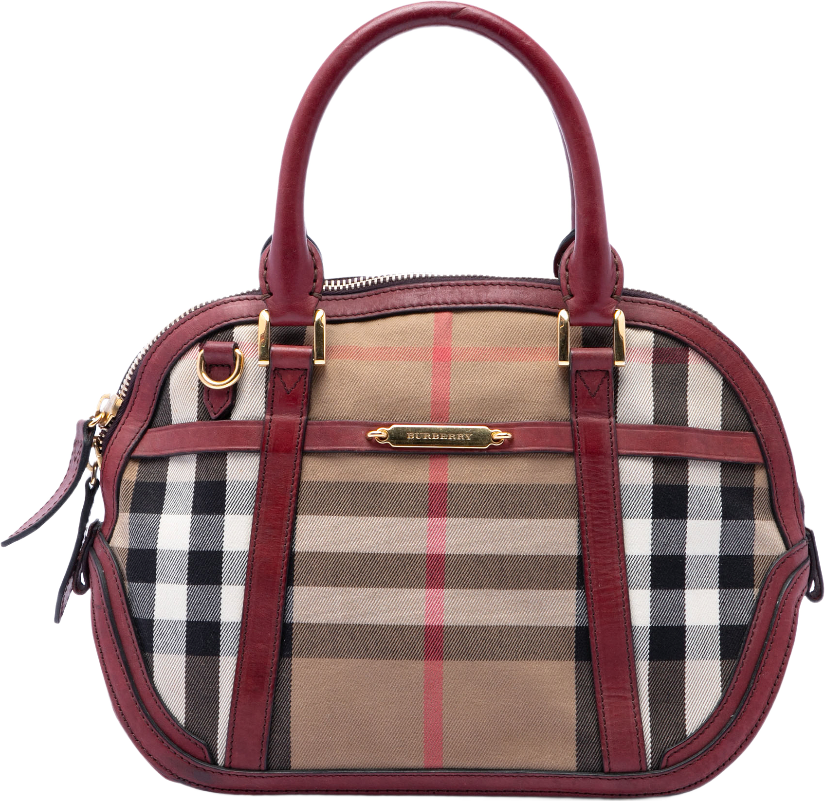 Burberry Small Leather Trimmed House Check Canvas Bridle Orchard Satchel, från Luxclusif, i färgen light brown.