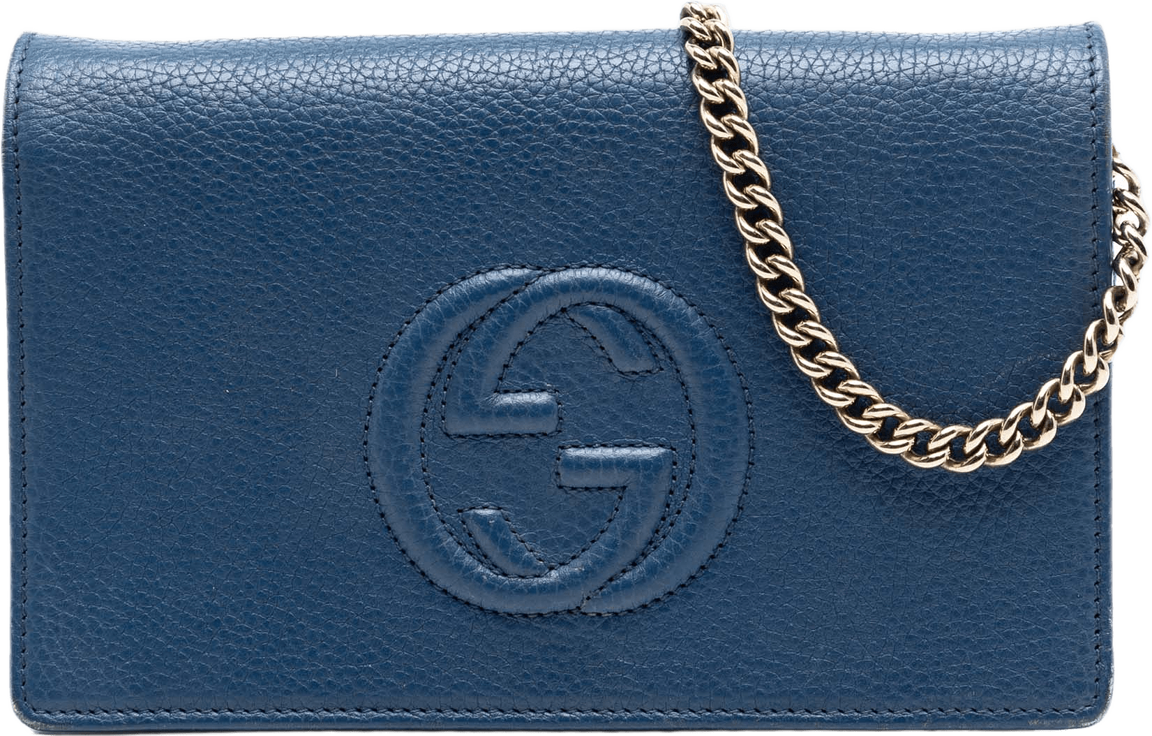 Gucci Pebbled Calfskin Soho Wallet On Chain, från Luxclusif, i färgen blue.
