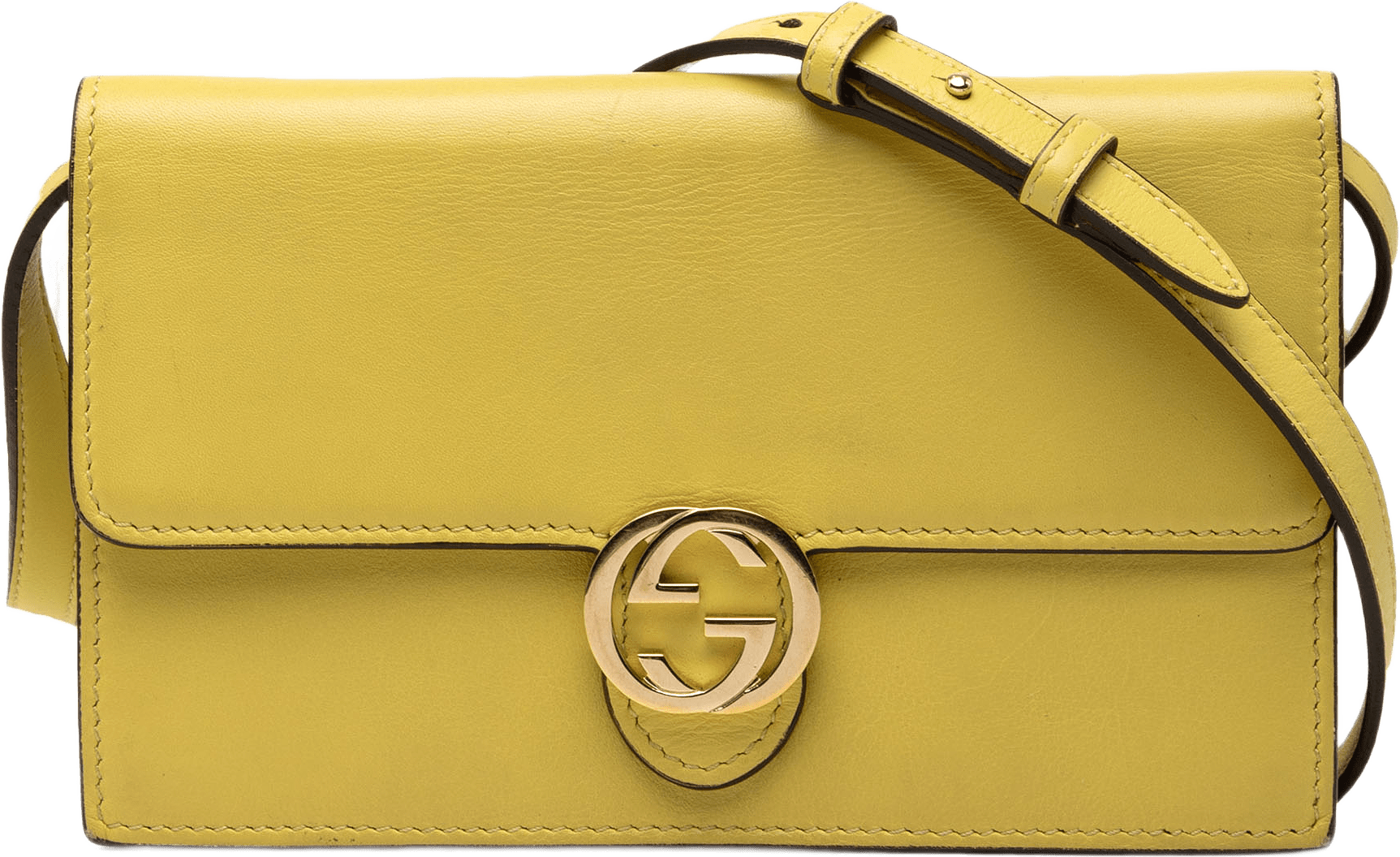 Gucci Calfskin Interlocking G Wallet On Chain, från Luxclusif, i färgen yellow.