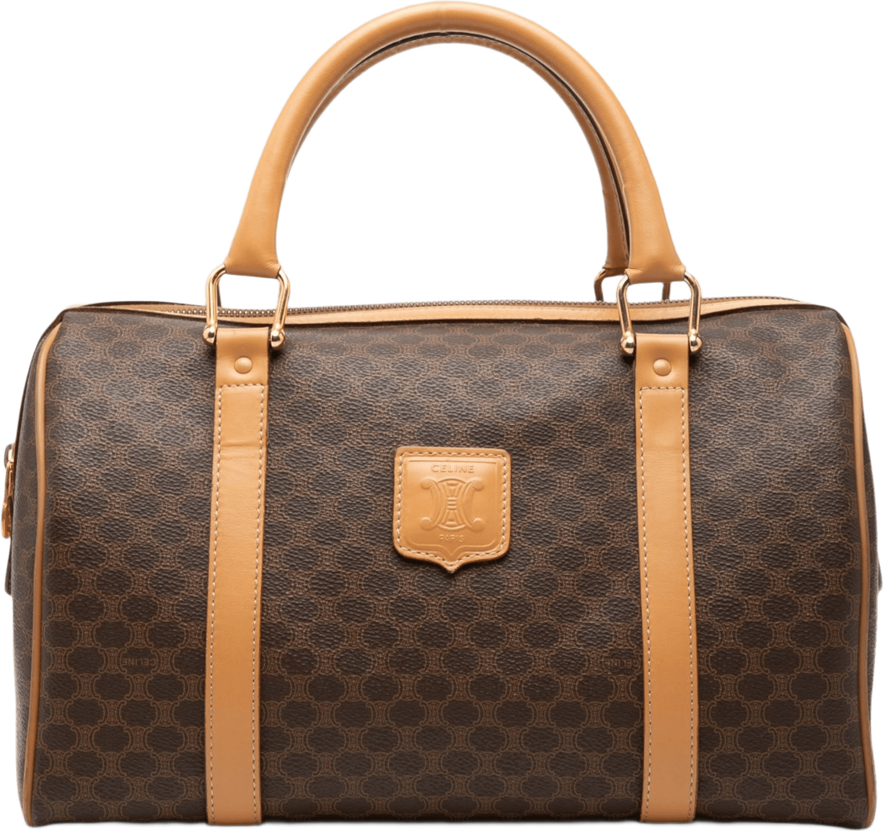 Celine Macadam Coated Canvas Boston Bag, från Luxclusif, i färgen brun.