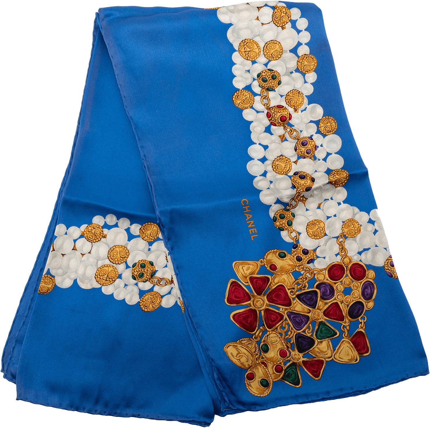 Chanel Pearls And Gripoix Printed Silk Scarf 90, från Luxclusif, i färgen blue.