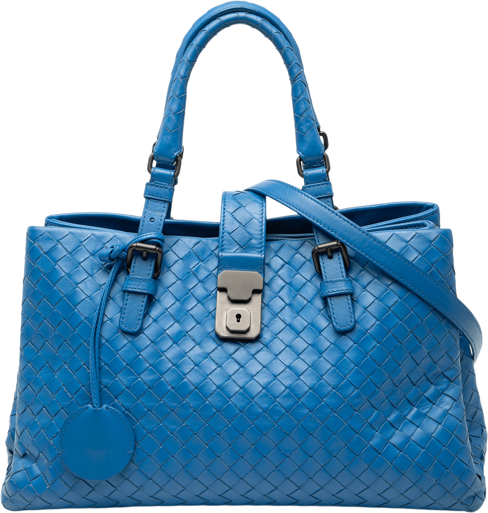 Bottega Veneta Small Nappa Intrecciato Roma Satchel, från Luxclusif, i färgen blå.